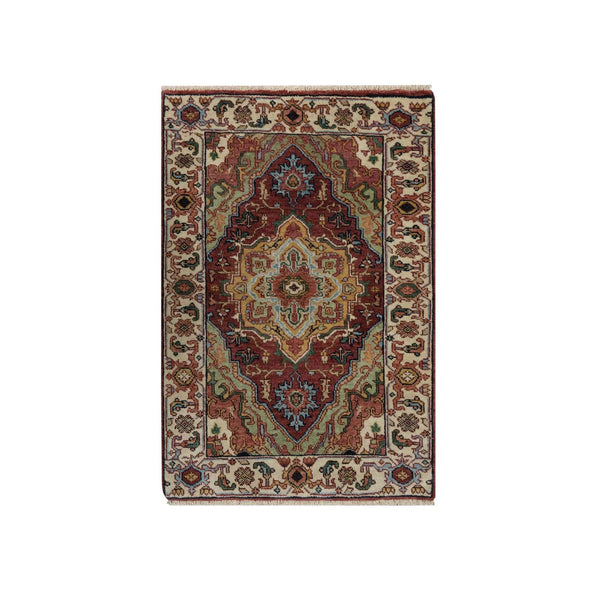 2'X3' Red Antiqued Fine Heris Hand Knotted New Zealand Wool Mat Small Rug