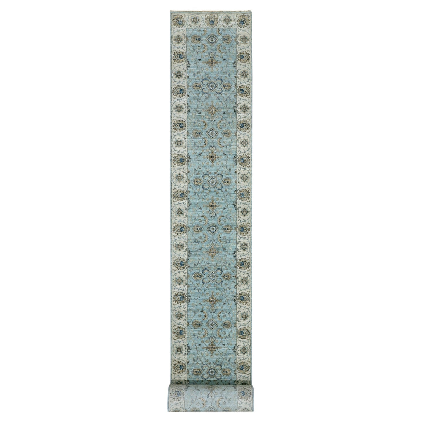 2'6"X25'8" Cerulean Blue Pure Wool Hand Knotted Shah Abbas Xl Runner Rug