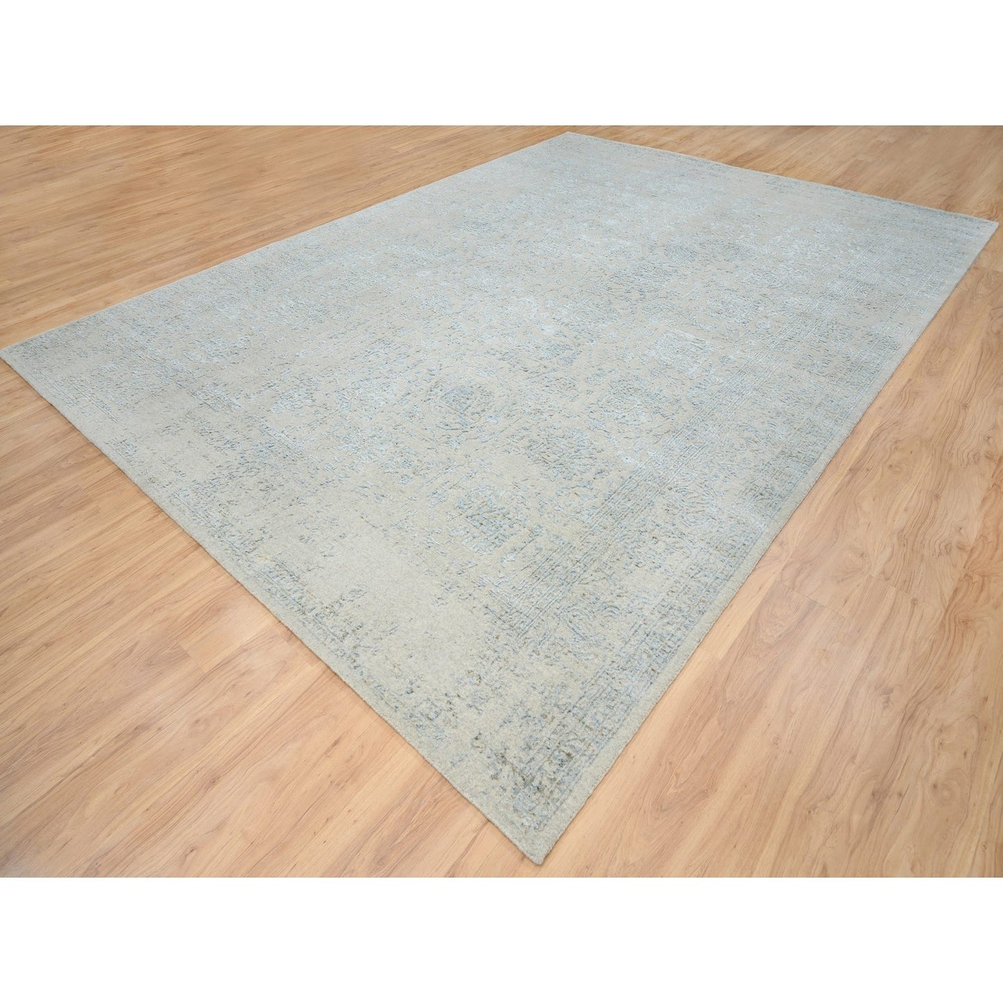 10'X13'10" Gray Wool And Silk Jacquard Hand Loomed Tebraz Design Rug