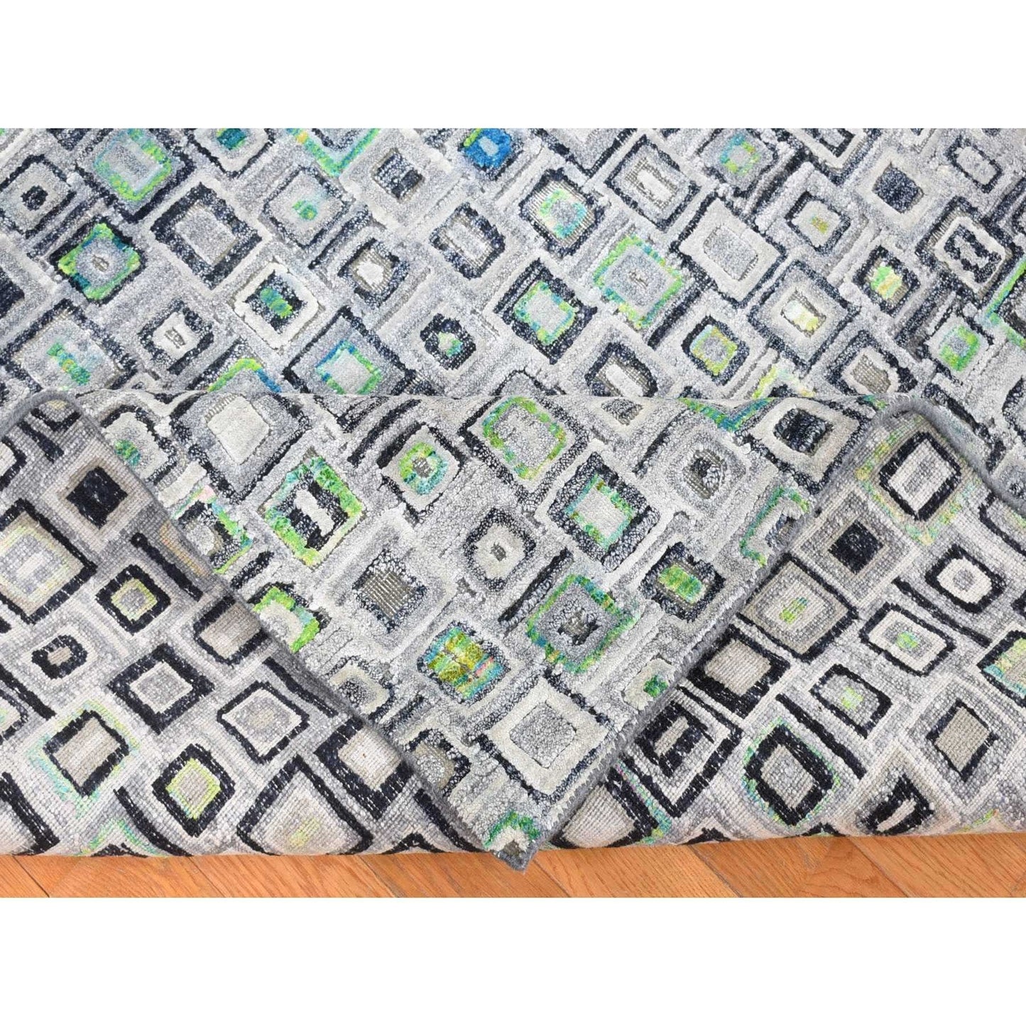 9'X12'3" Gray Silk With Wool Psefas Square Design Hand Knotted Rug