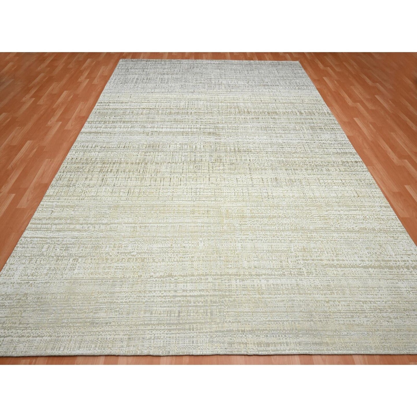 9'X12'4" Ivory Gradation Design Textured Wool & Silk Hand Knotted Rug