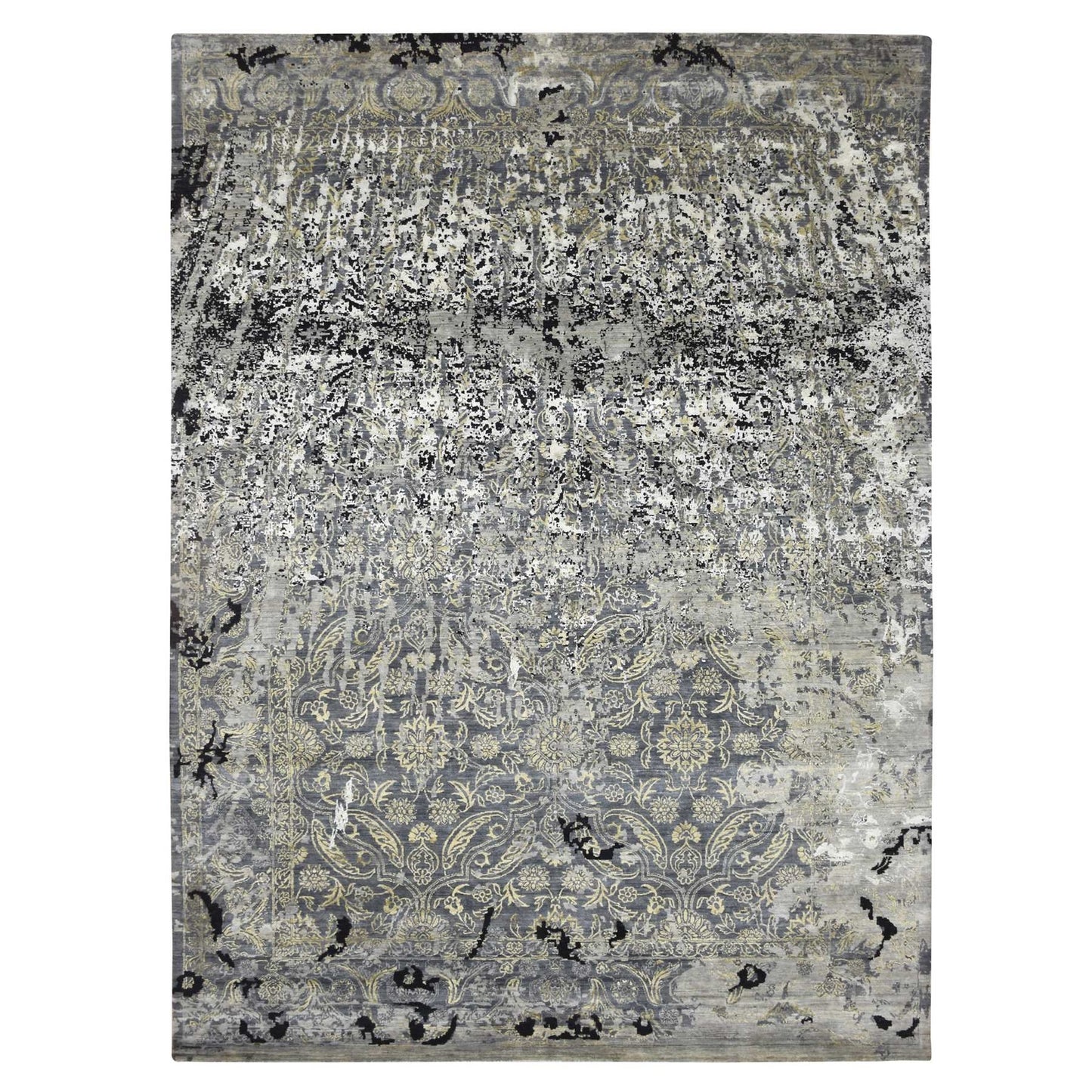 9'X12'2" Gray Erased Zoroastrian Design Wool And Silk Hand Knotted Rug