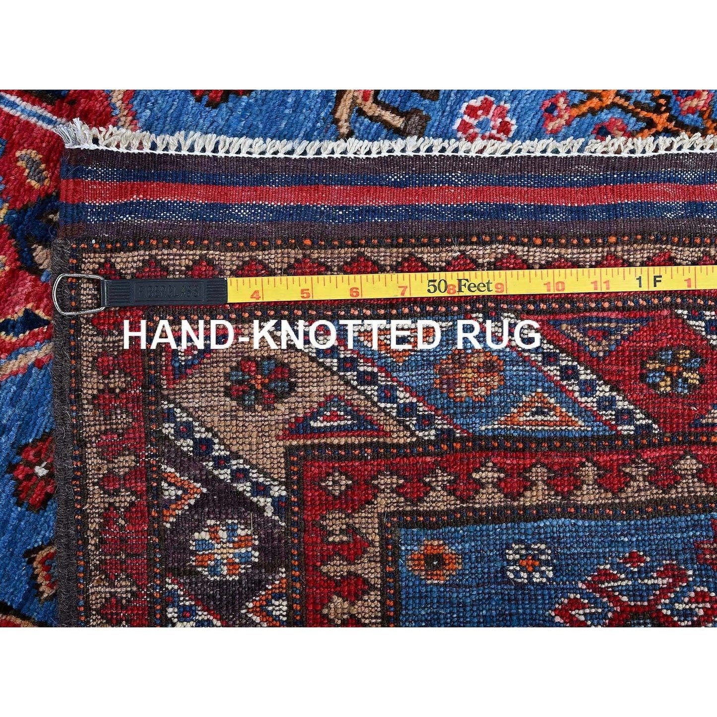 2'8"X9'7" Blue Afghan Caucasian Design Revival Wool Hand Knotted Runner Rug