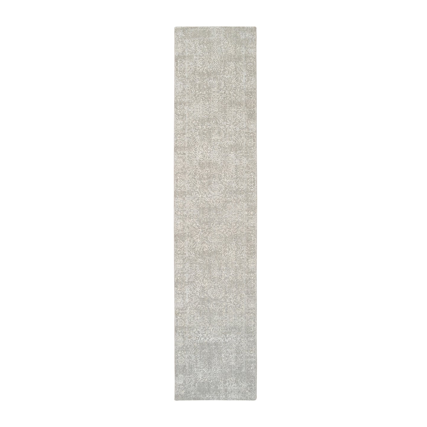 2'7"X12' Beige Wool And Silk Hand Loomed Fine Jacquard Round Rug