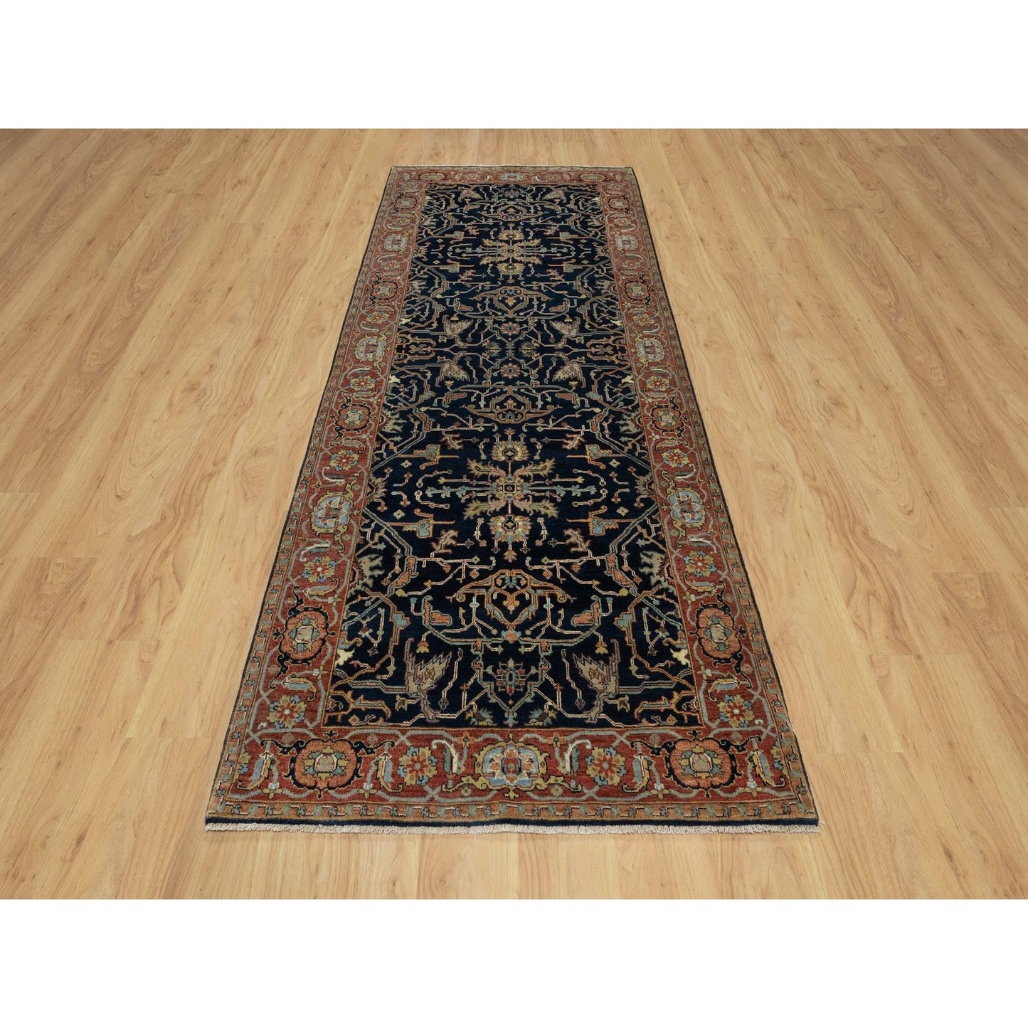 4'2"X10'2" Blue Antiqued Fine Heris Hand Knotted Natural Wool Runner Rug