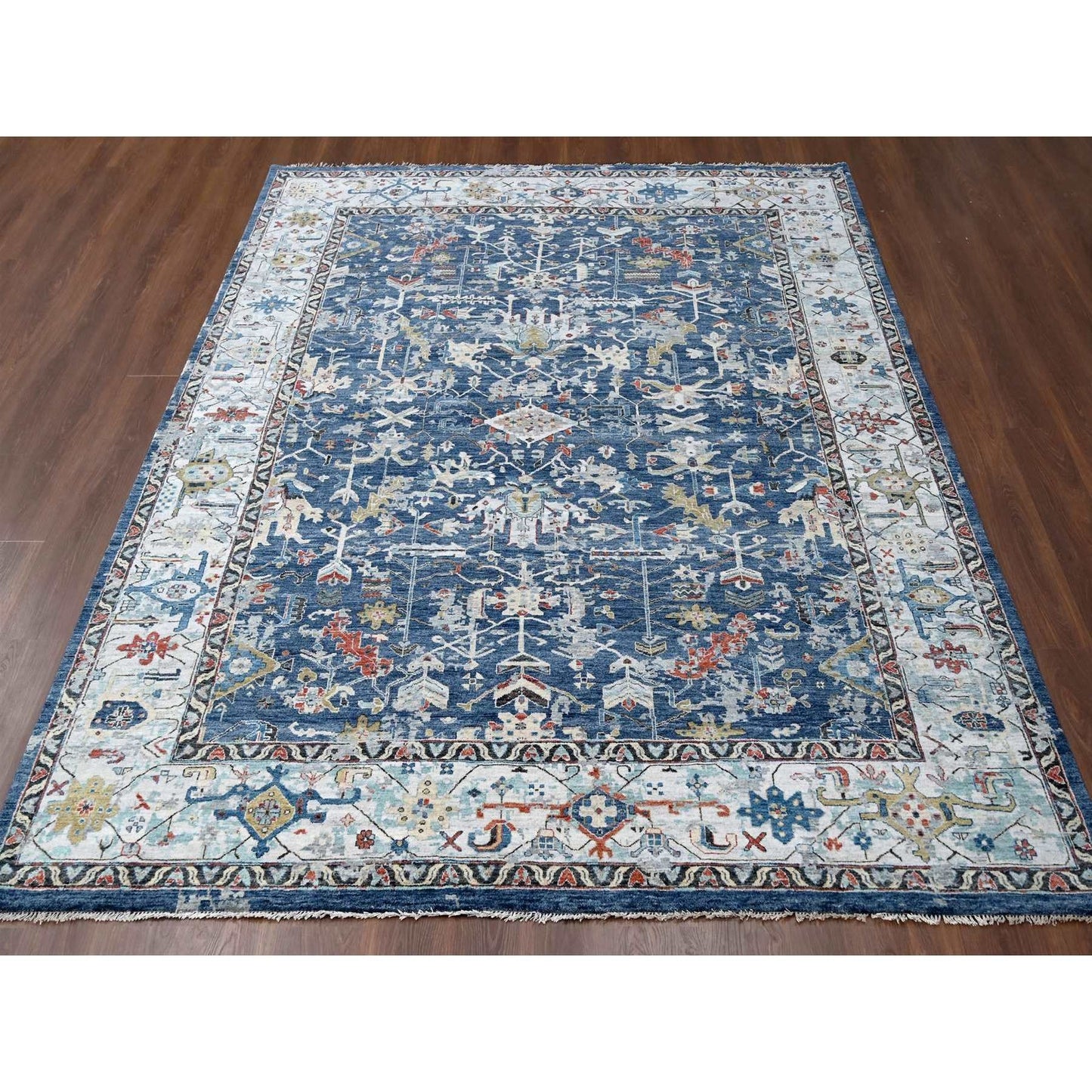 9'X11'10" Dress Blue Erased Heris Design Wool Hand Knotted Oriental Rug