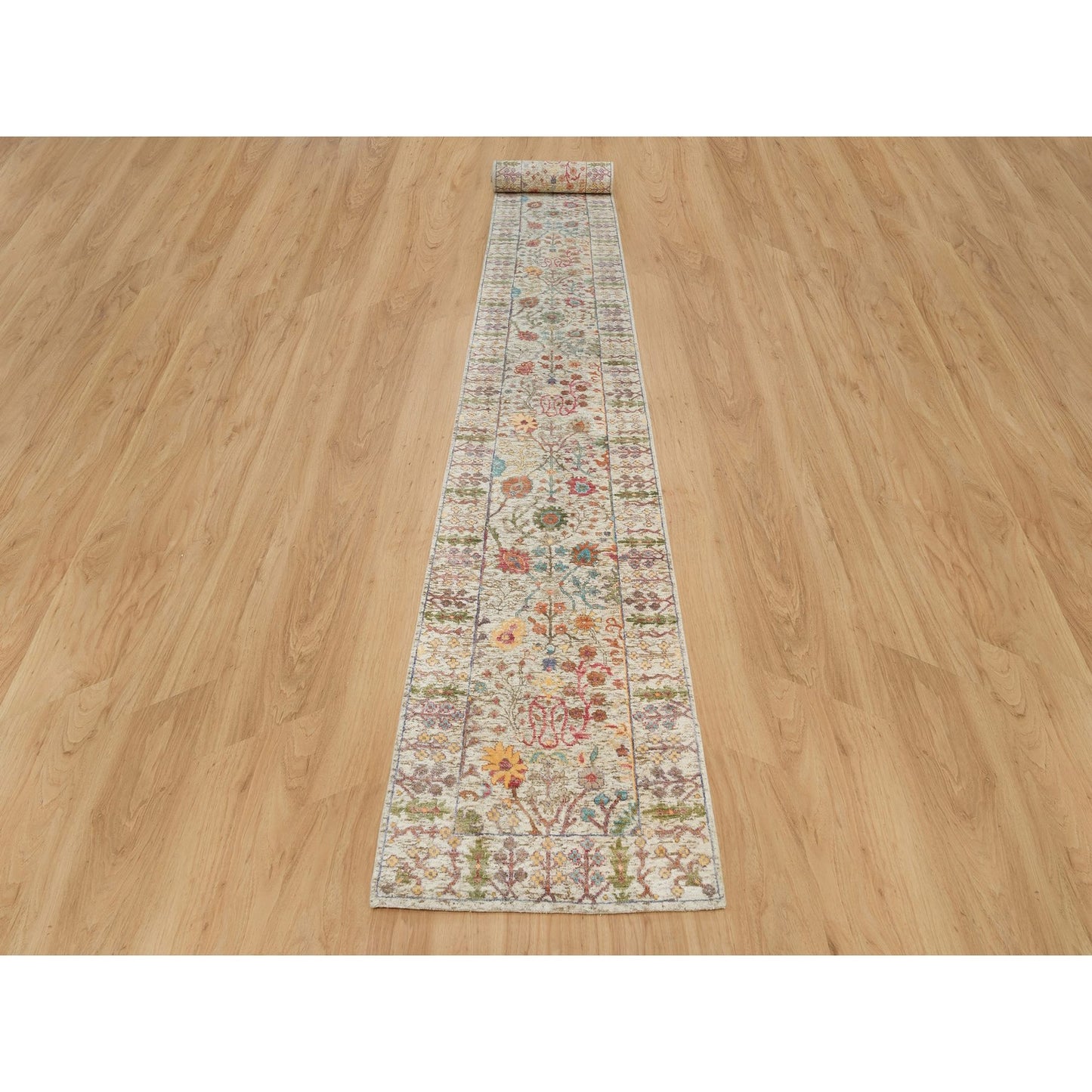 2'6"X25'10" Beige Hand Knotted Directional Silk And Wool Xl Runner Rug
