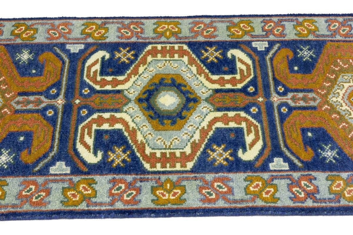 Navy Blue Geometric Tribal Kazak Rug Wool