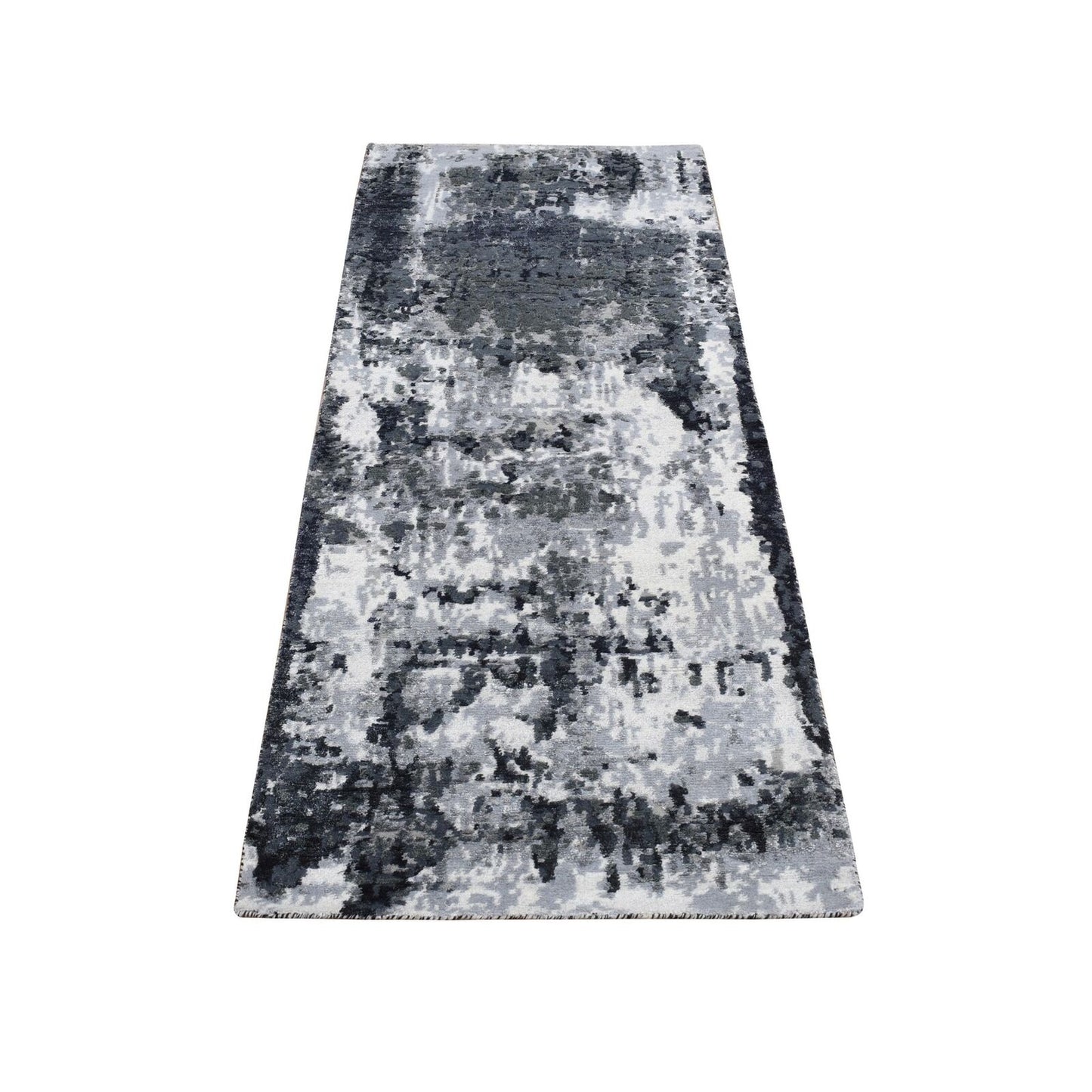 2'7"X6'2" Black Abstract Design Wool And Silk Hand Knotted Runner Rug