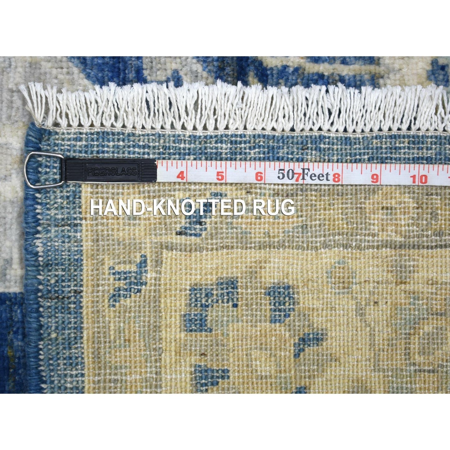 4'X10'3" Denim Blue Hand Knotted Fine Peshawar Wool Wide Runner Rug
