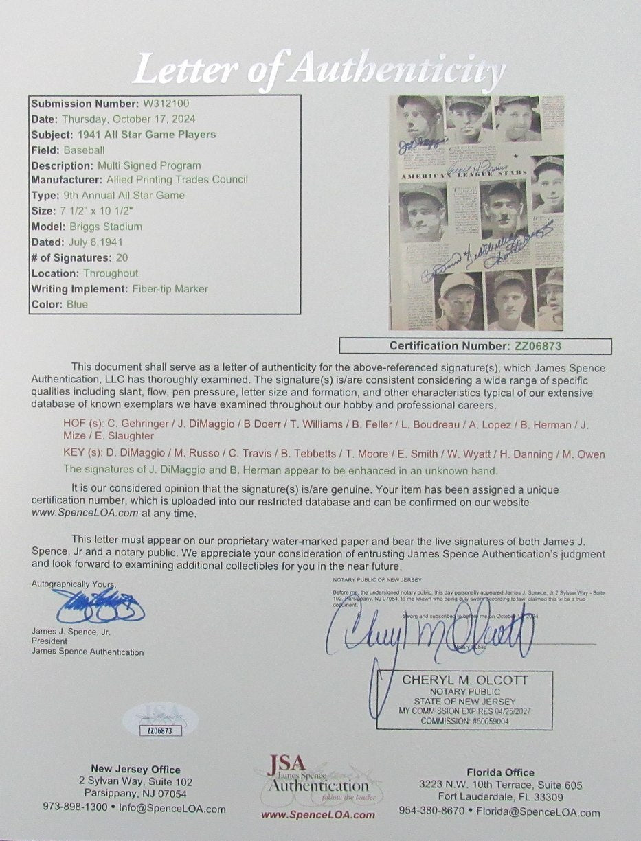 1941 All Star Signed/Auto (20) Program 10 Hofers