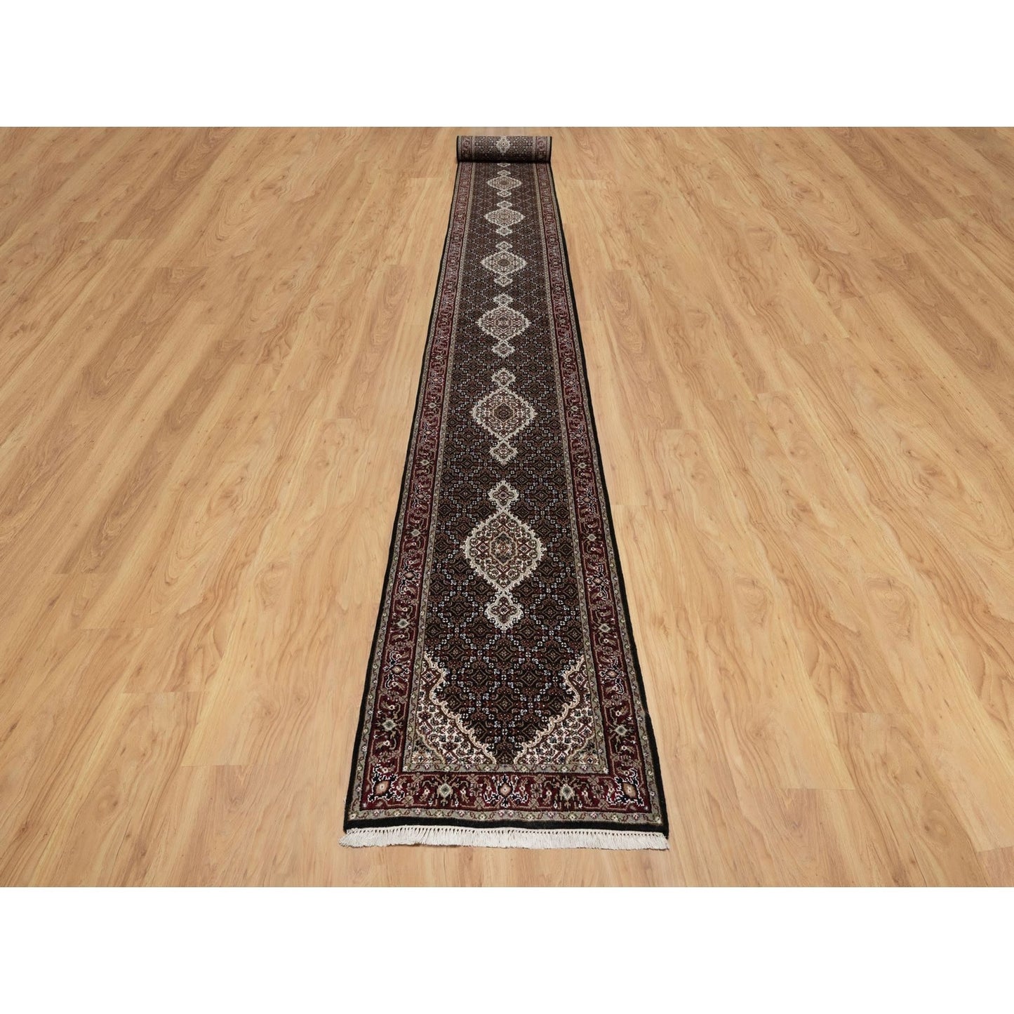 2'7"X24'1" Black Tebraz Mahi Fish Design Hand Knotted Wool Xl Runner Rug