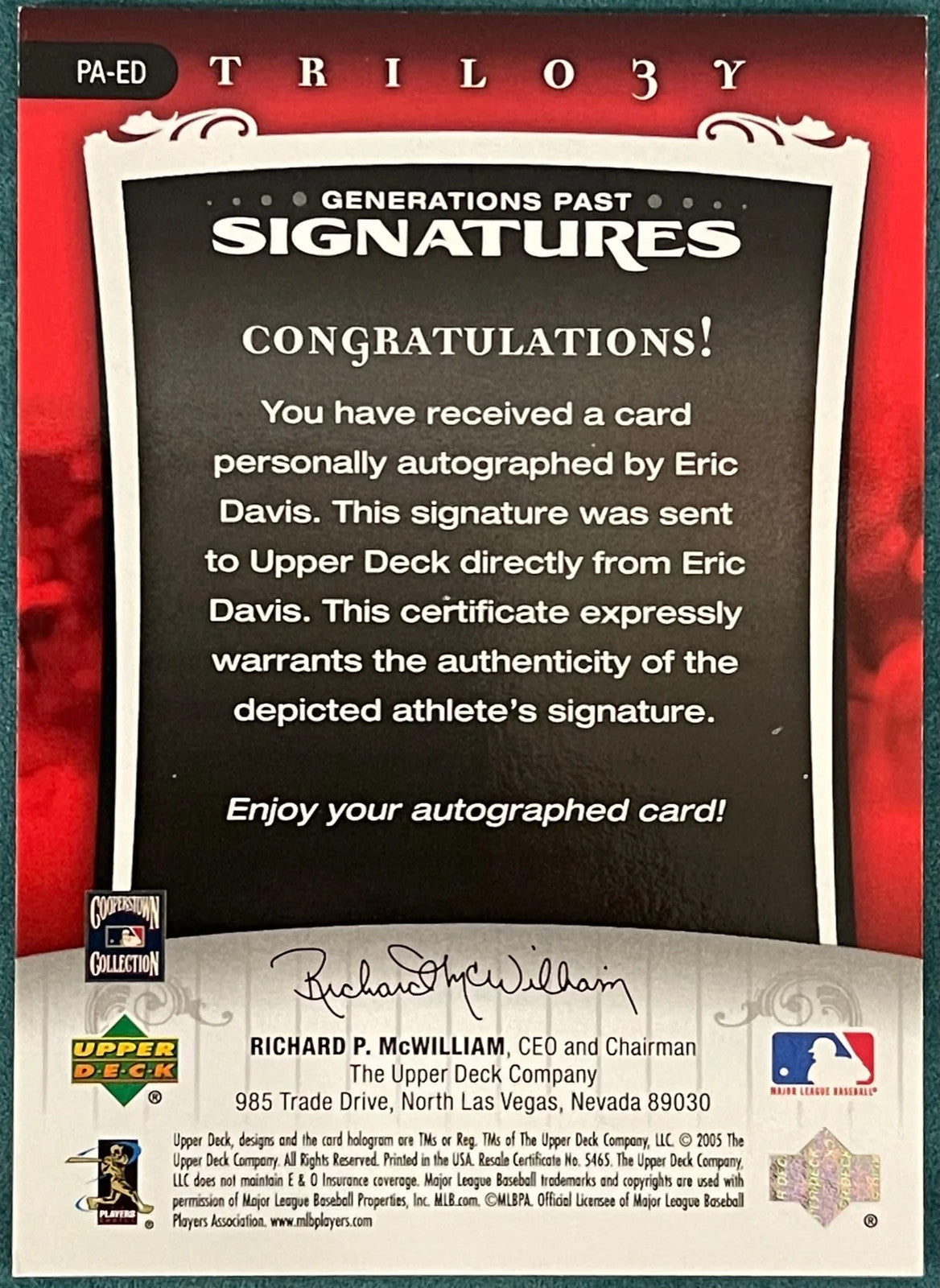Eric Davis Autographed 2005 Upper Deck Trilogy