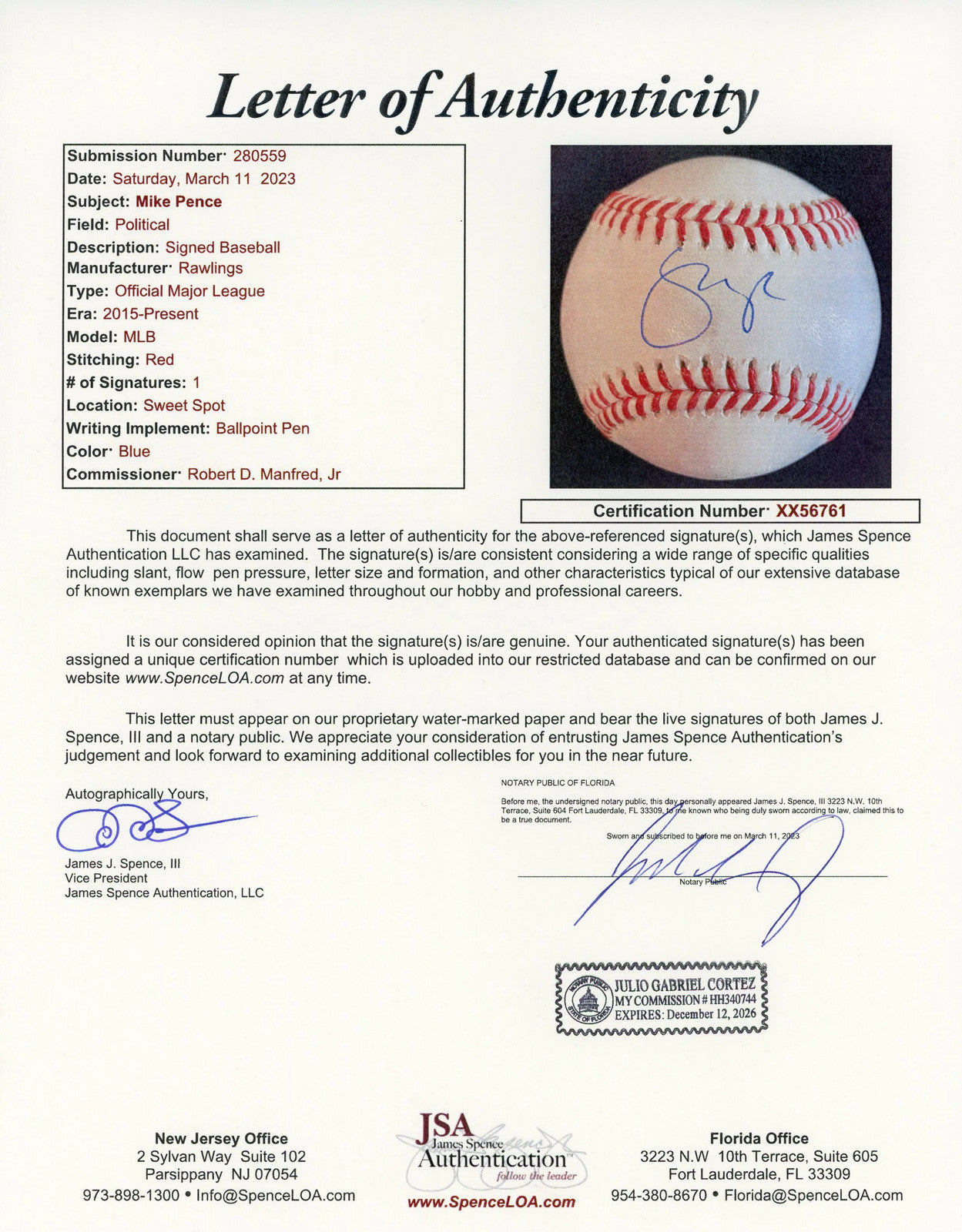 Mike Pence Autographed Official Major League Baseball (Jsa)
