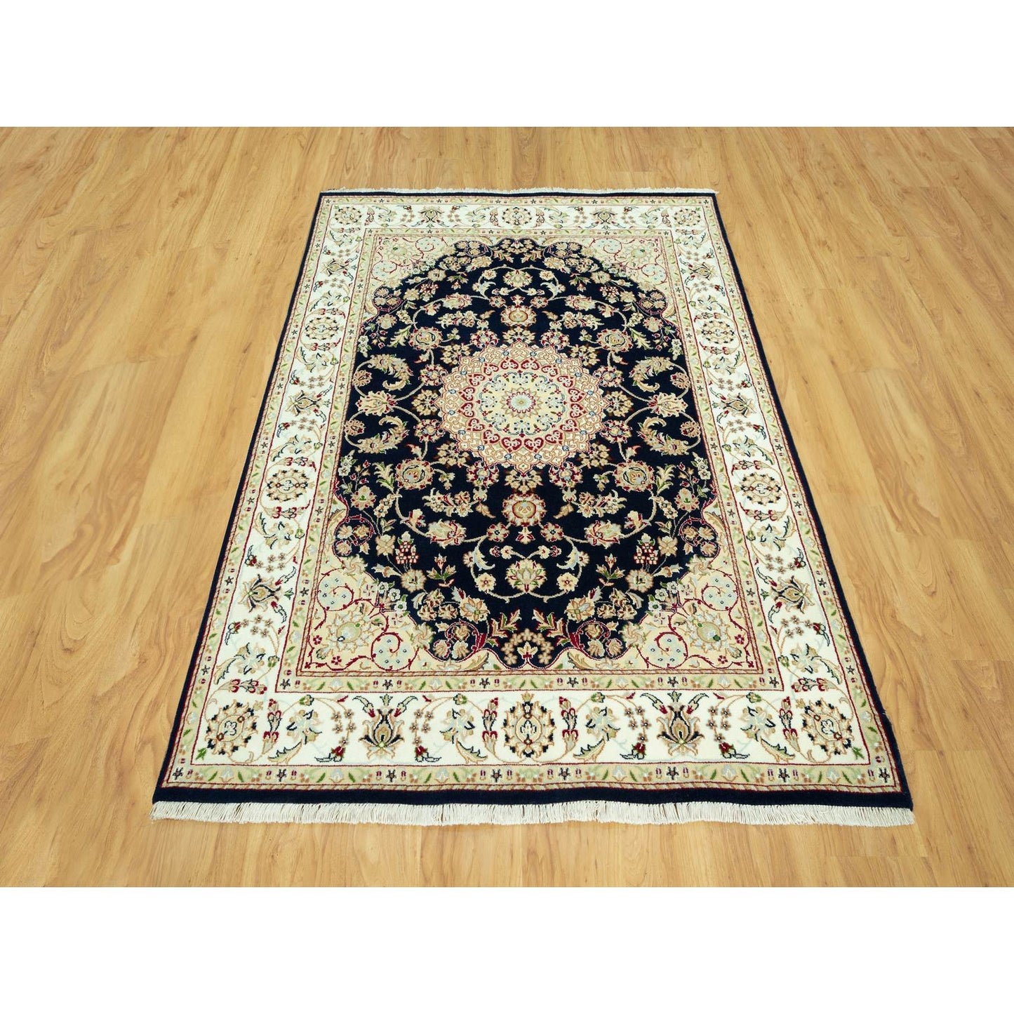 5'X7' Hague Blue Nain Hand Knotted Flower Design Wool Oriental Rug