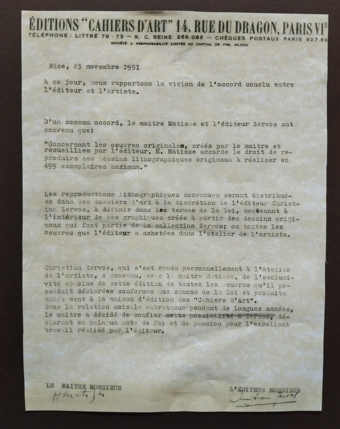 Henri Matisse Lithograph 1960 Coa Signed Contract Hand Numbered