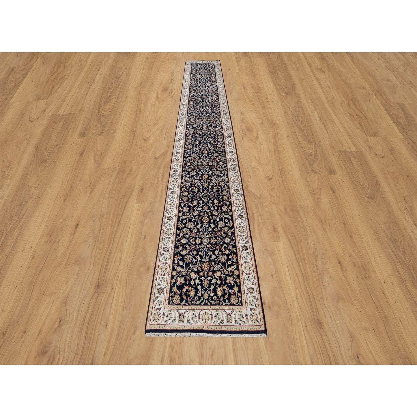 2'7"X16' Blue Nain Floral Design Wool And Silk Hand Knotted Runner Rug
