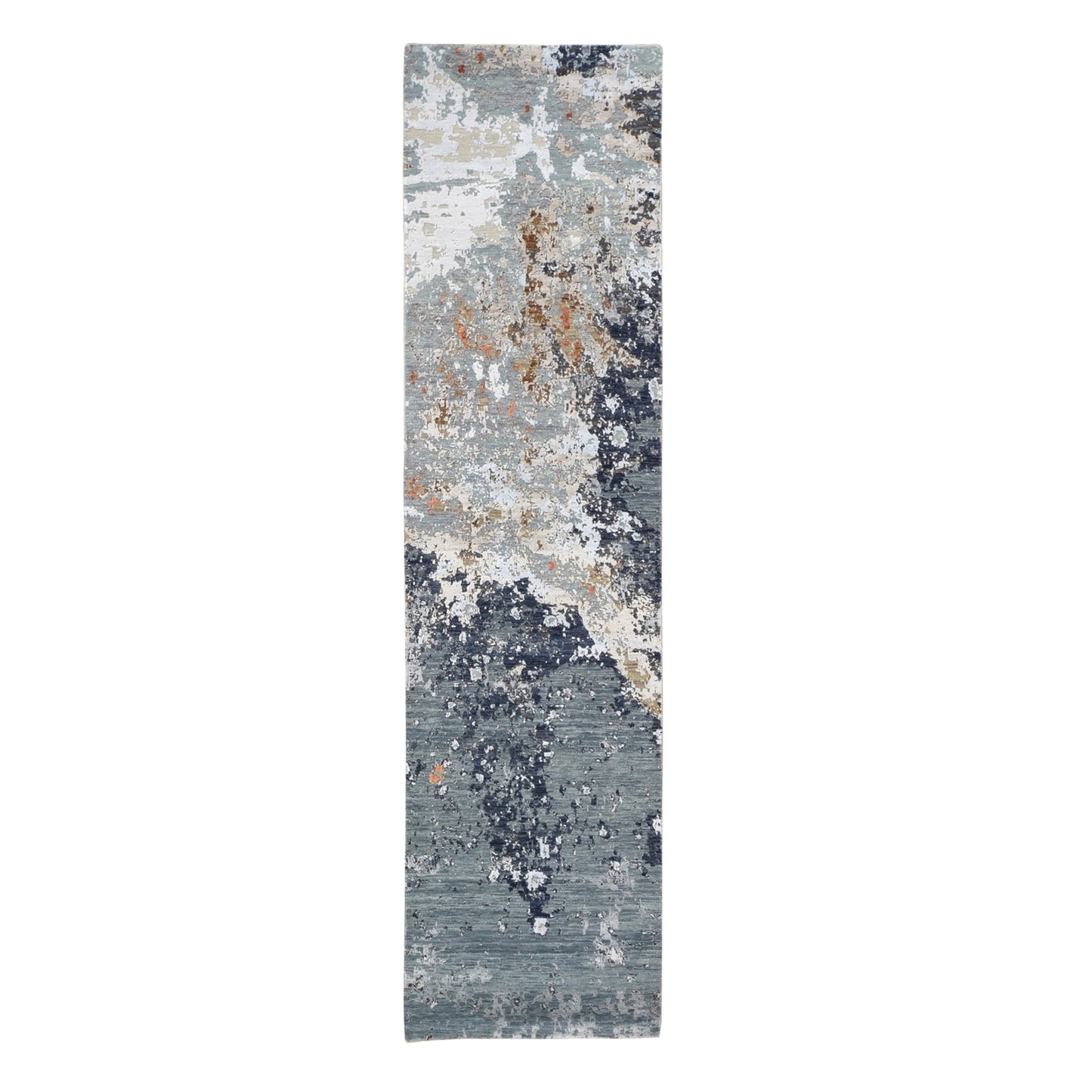 2'6"X10' Dense Weave Abstract Design Wool & Silk Hand Knotted Runner Rug