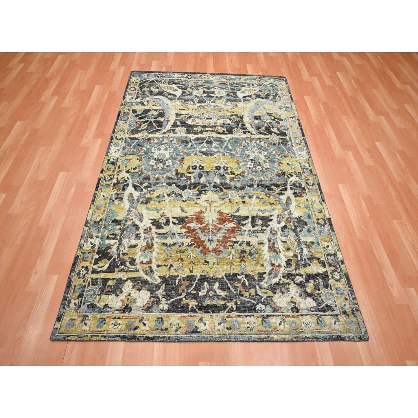 5'1"X7'4" Black With Yellow Zoroastrian Design Pure Wool Hand Knotted Rug