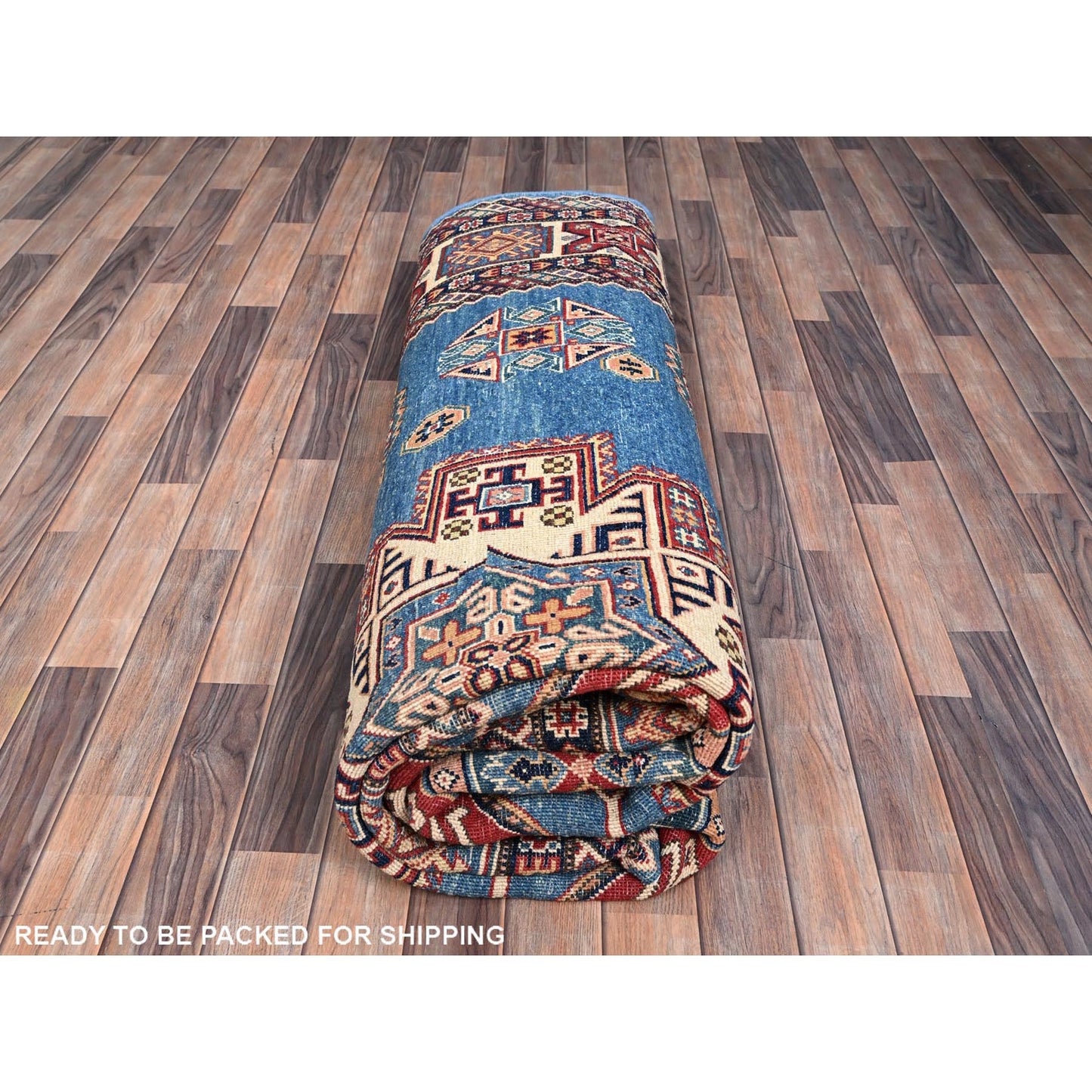 9'X11'8" Cerulean Blue Special Kazak Wool Hand Knotted Natural Dyes Rug