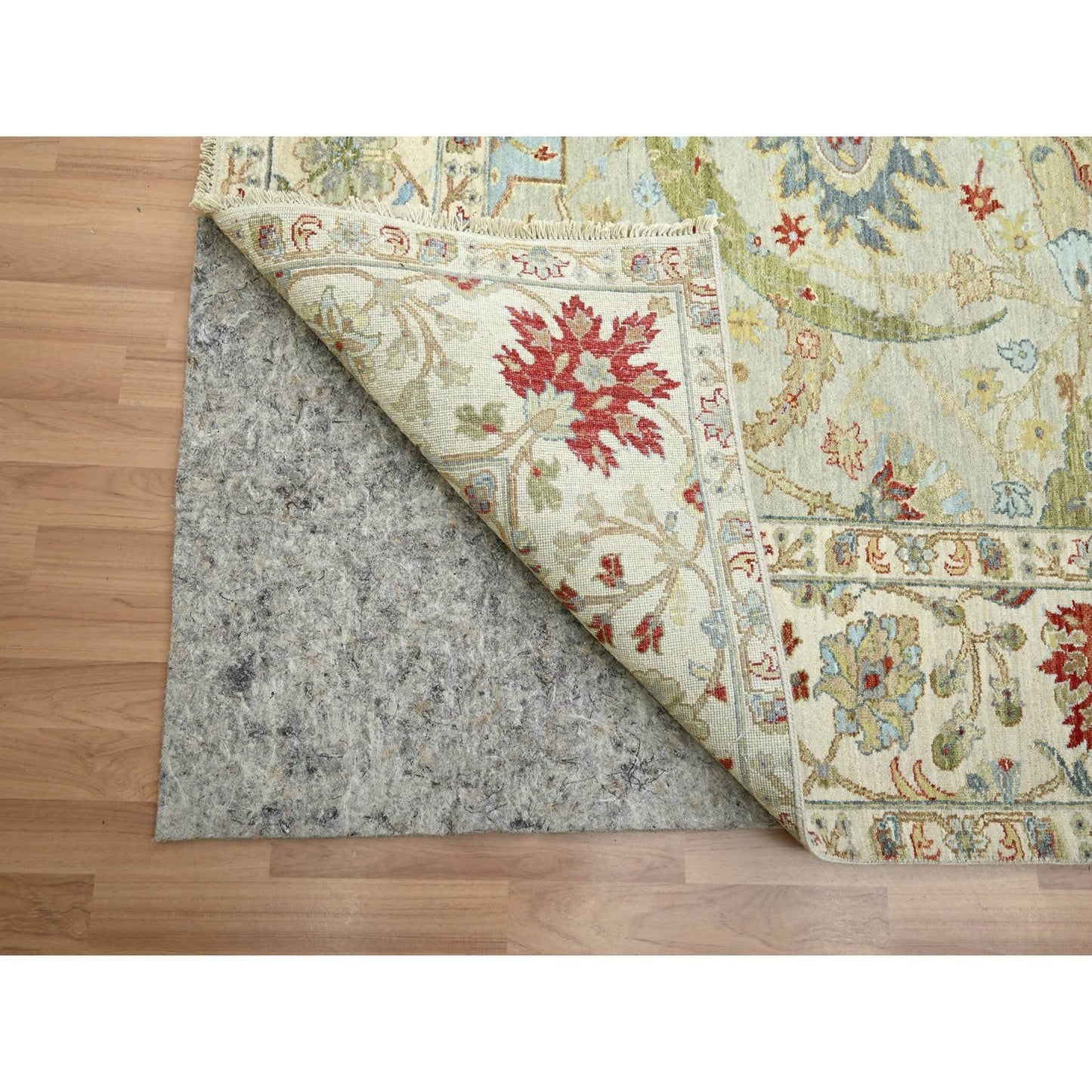 9'1"X12'3" Pelican Gray Sickle Leaf Design Hand Knotted Pure Wool Rug