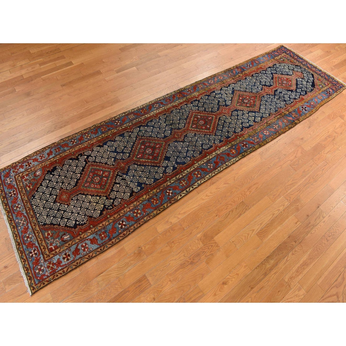 3'5"X12'6" Blue Antique Zoroastrian Malayer Wool Hand Knotted Runner Rug