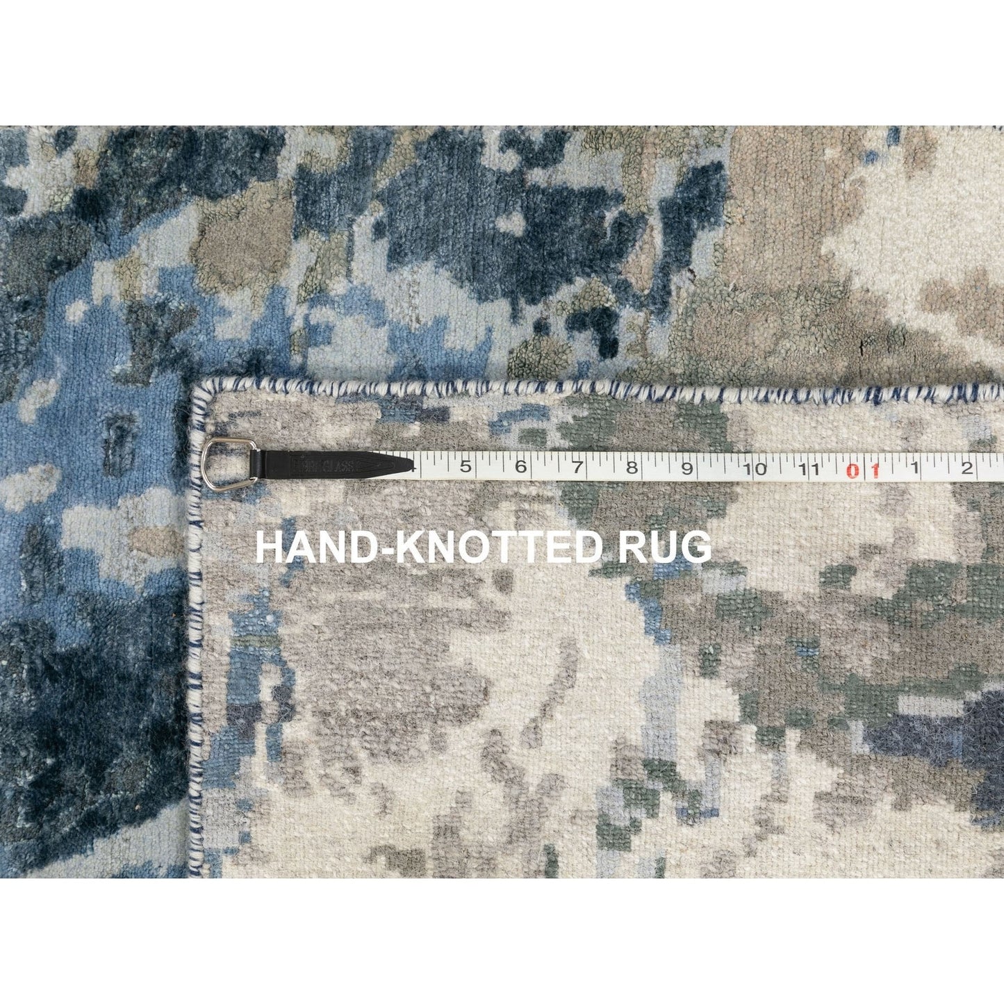 3'1"X5' Blue-Ivory Abstract Design Wool-Silk Hi-Low Pile Hand Knotted Rug