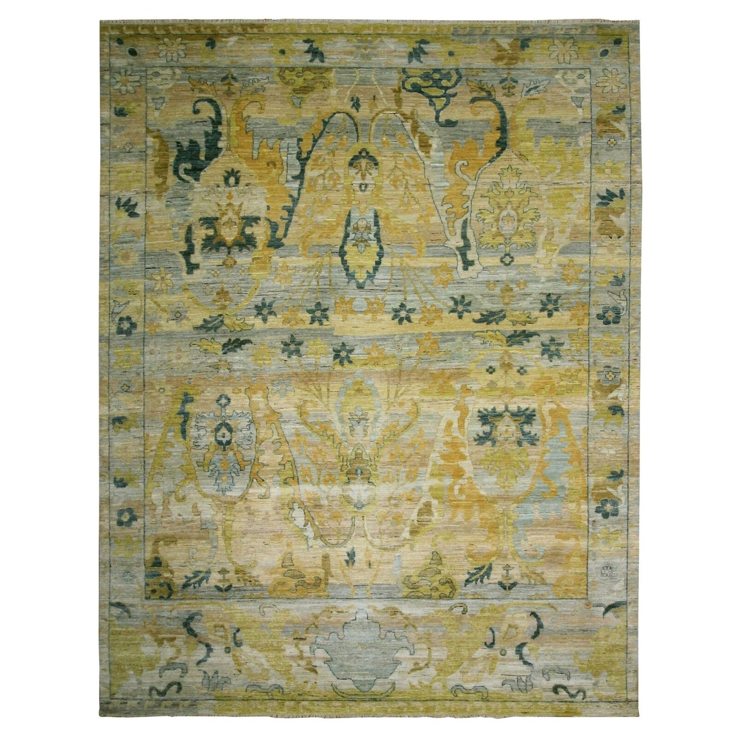 9'1"X12'1" Gray & Gold Antiqued Bijar Garus Design Hand Knotted Wool Rug