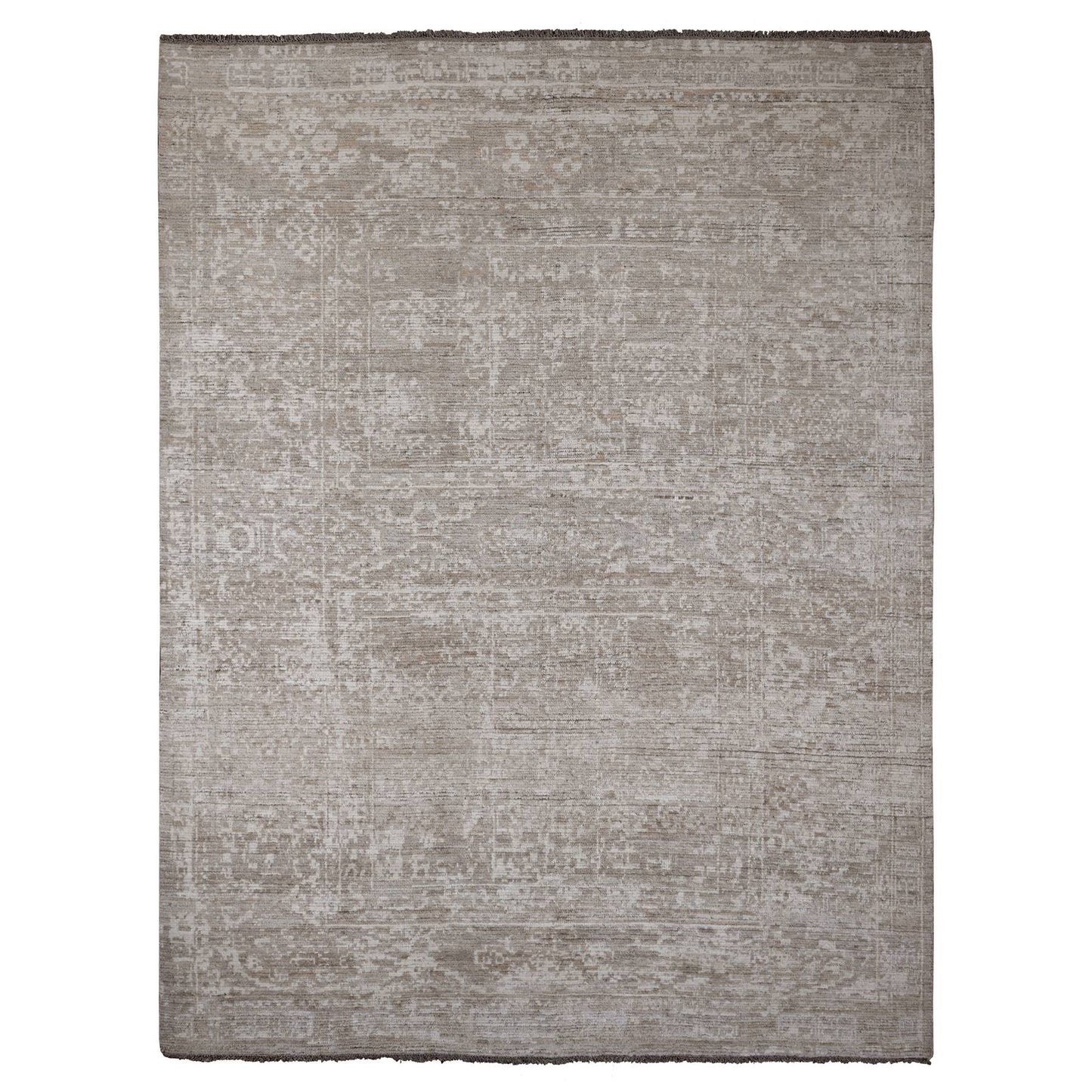 9'X12' Light Brown Moroccan Weave Erased Pattern Hand Knotted Wool Rug