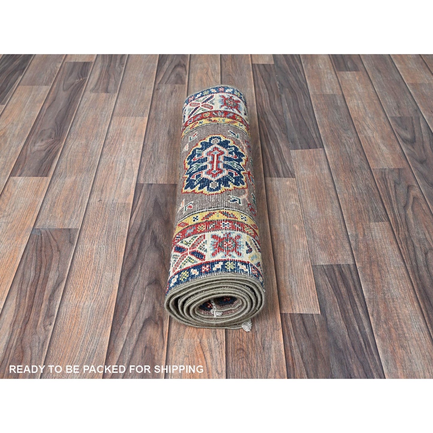 2'X6'5" Gray Kazak With Tribal Design Soft Wool Hand Knotted Runner Rug