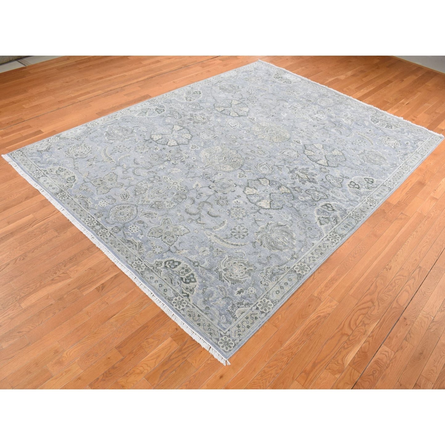 9'X12' Goose Gray Oushak Design Silk With Wool Hand Knotted Rug