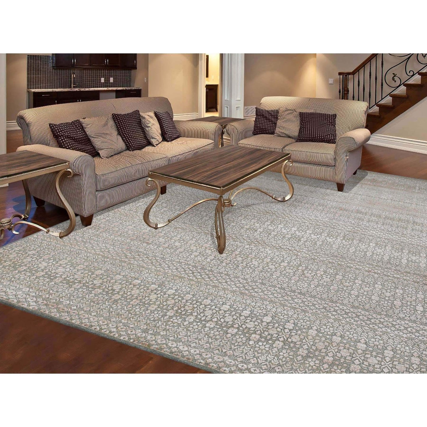 9'X12'2" Taupe, Repetitive Flower Design, Silken Wool Hand Knotted, Rug