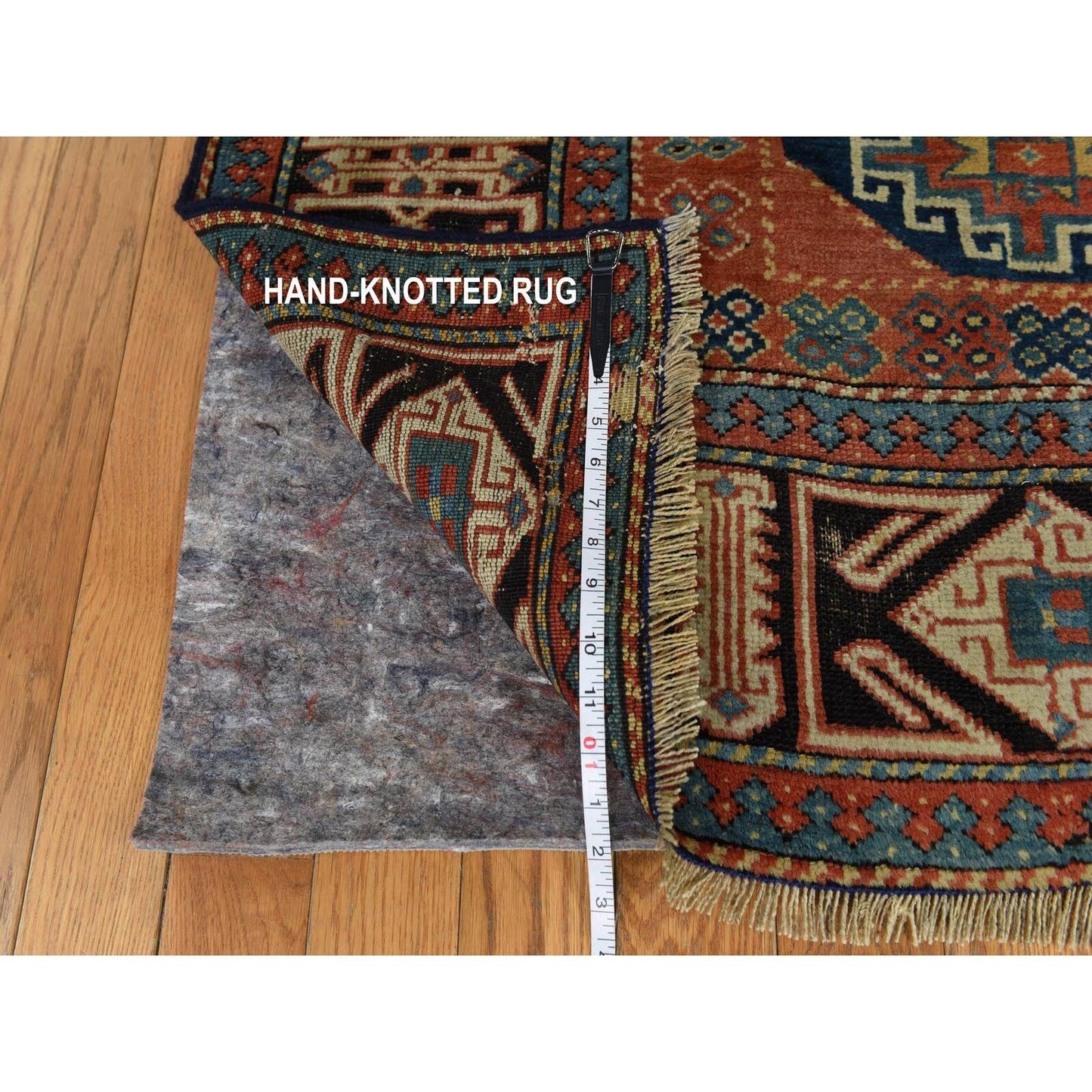 3'9"X8'4" Red Antique Caucasian Mogan Kazak Wool Hand Knotted Runner Rug
