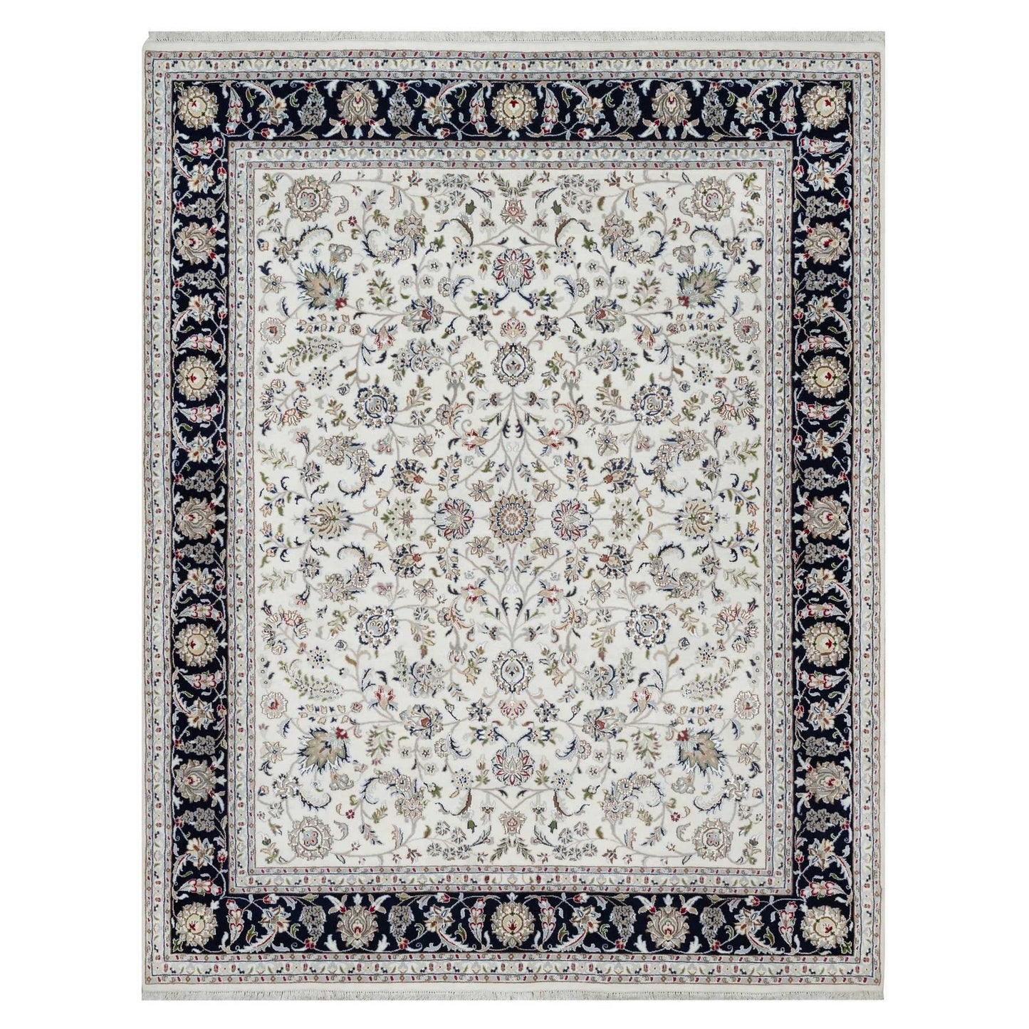 7'10"X10' White Hand Knotted Nain With Flower Design Wool And Silk Rug