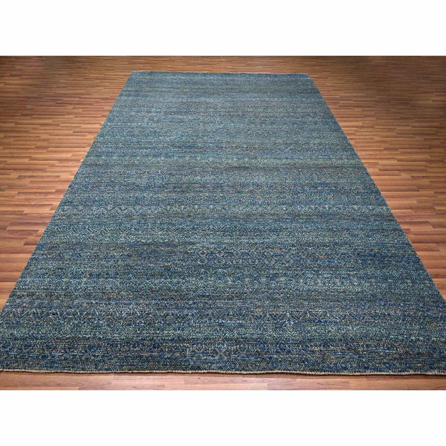 9'X12'1" Denim Blue Kohinoor Repetitive Design Hand Knotted Pure Wool Rug