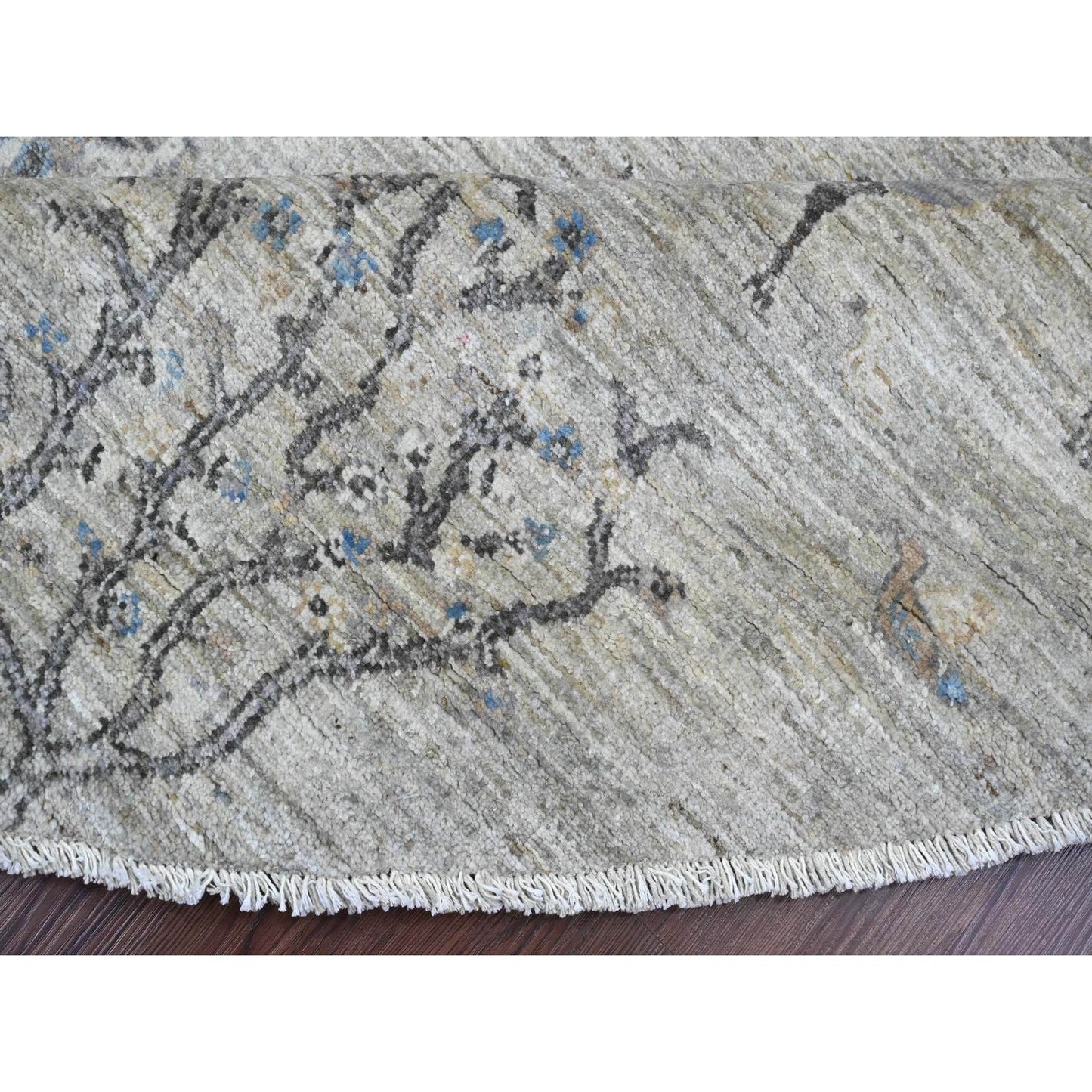 8'X8' Oyster Gray Peshawar Tree Design Hand Knotted 100% Wool Round Rug