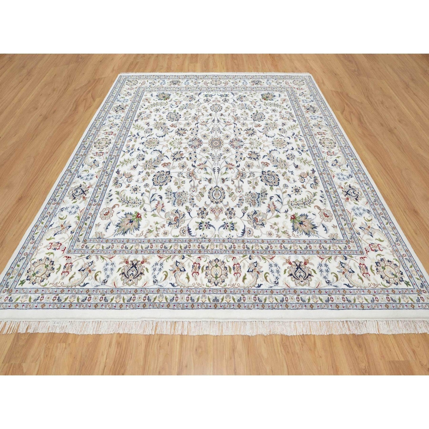 10'X10' White Wool And Silk Hand Knotted 250 Kpsi Nain Design Square Rug