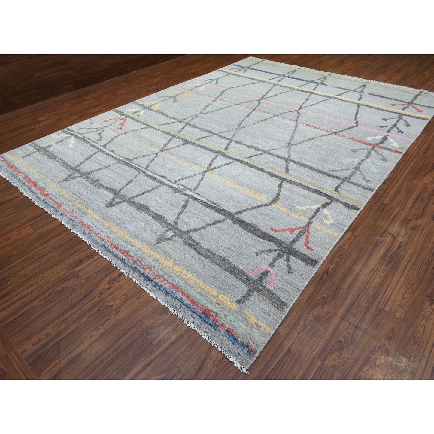10'X13'9" Light Gray Hand Knotted Boujaad Moroccan Berber Design Wool Rug