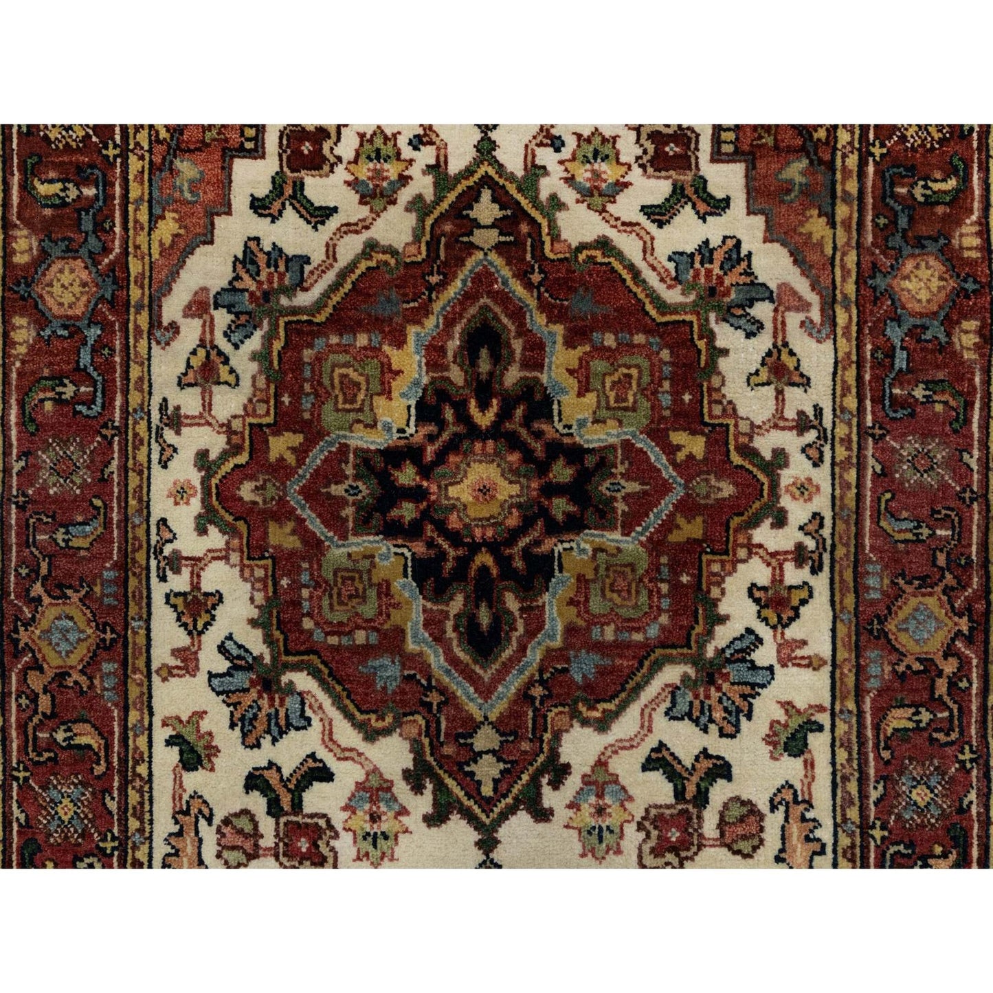 2'7"X6'2" White Wool Antiqued Heris Re-Creation Hand Knotted Runner Rug