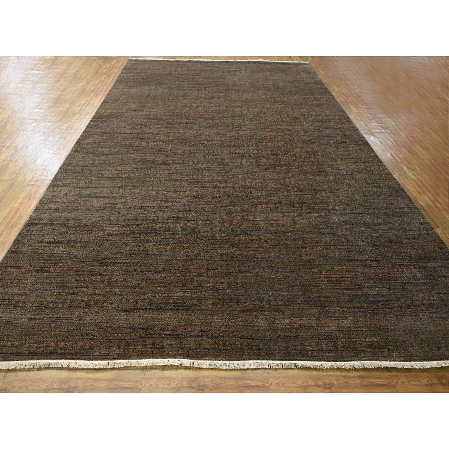 10'X14' Cinnamon Brown Modern Grass Design Hand Knotted Wool And Silk Rug