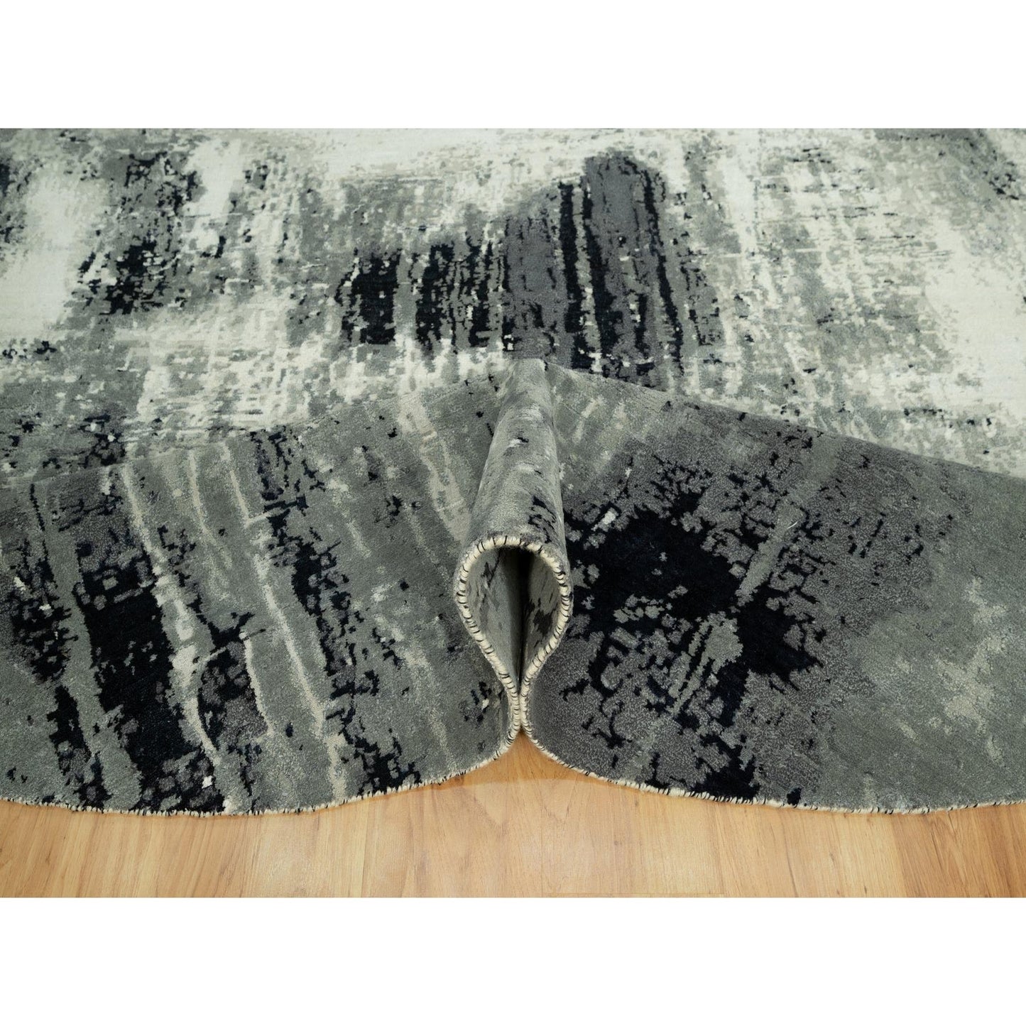 8'X8' Black Hand Knotted Abstract Wool And Silk Round Rug