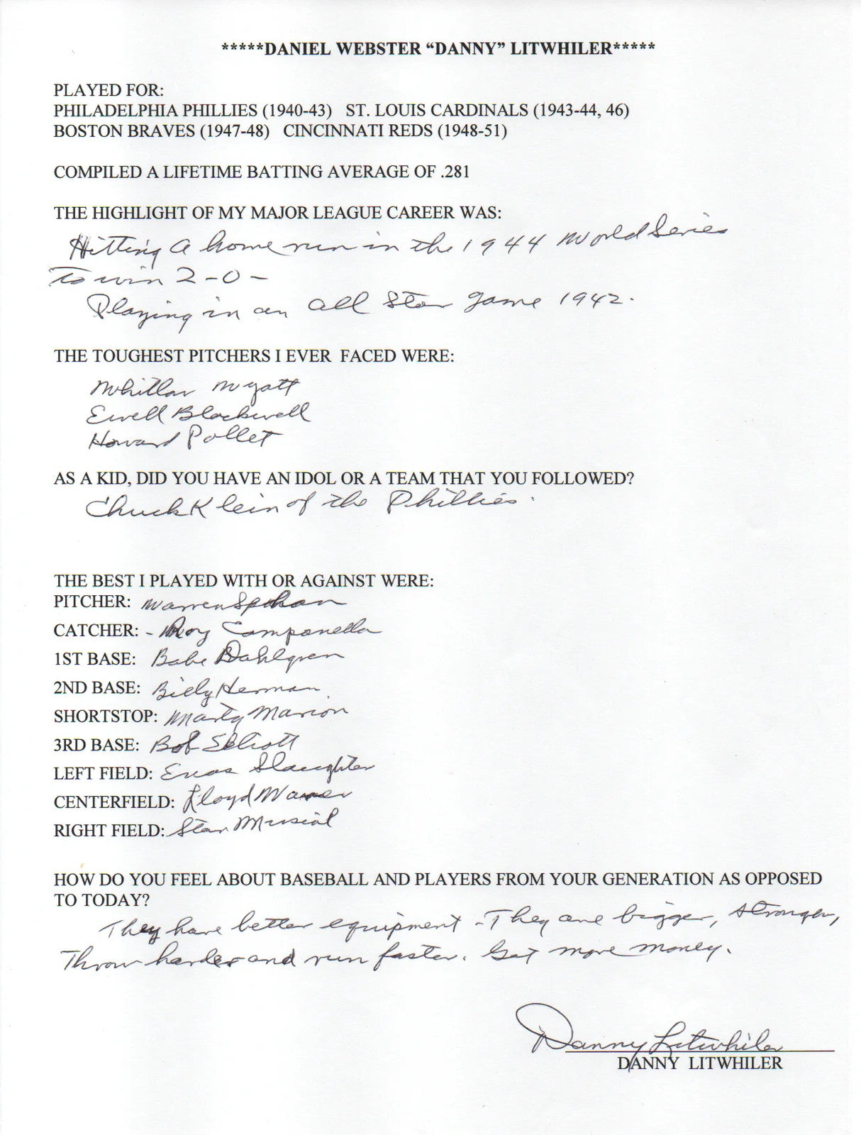 Daniel Litwhiler Autographed Hand Filled Out Survey Page (Jsa)
