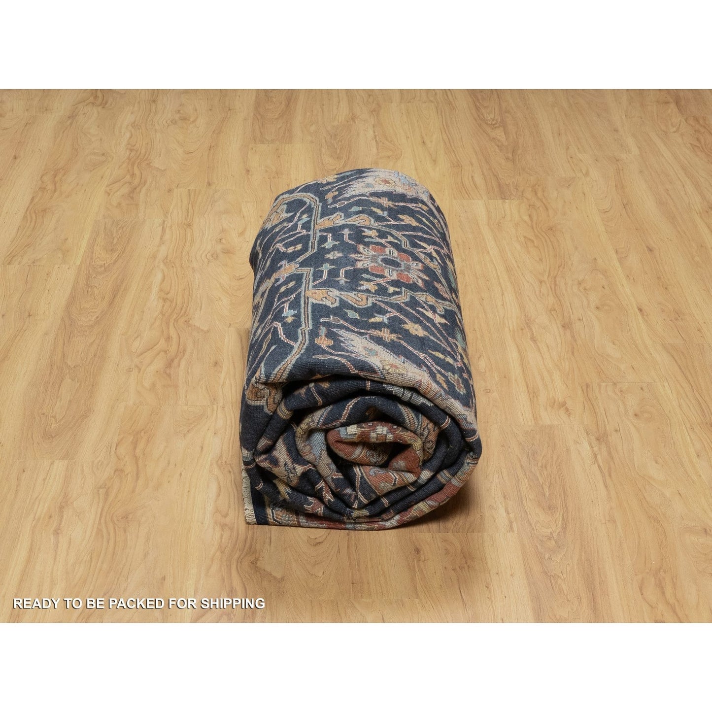 9'X12'2" Midnight Blue Antiqued Heris Re-Creation Hand Knotted Wool Rug