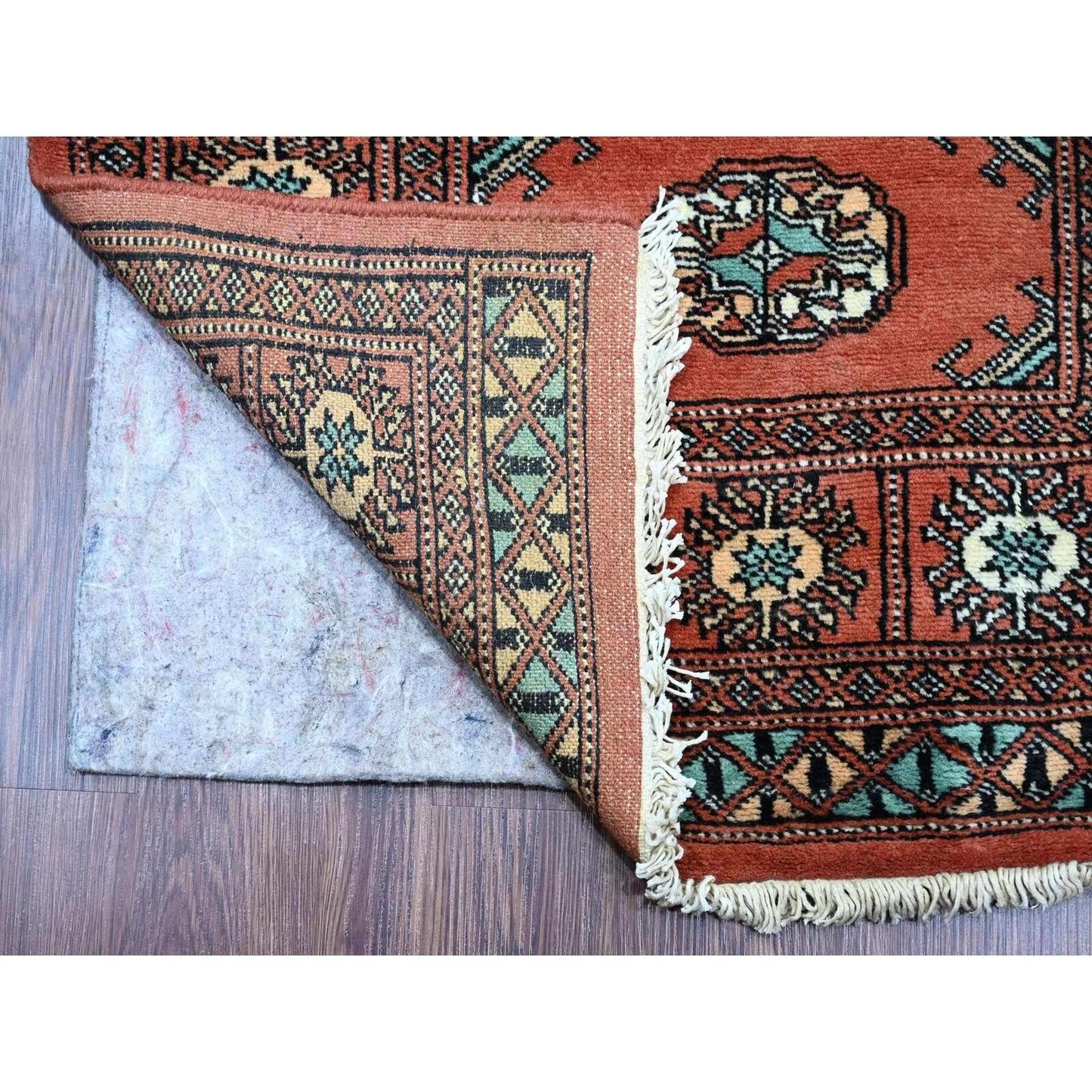 2'6"X19'7" Red Hand Knotted Mori Bokara Geometric Design Wool Runner Rug