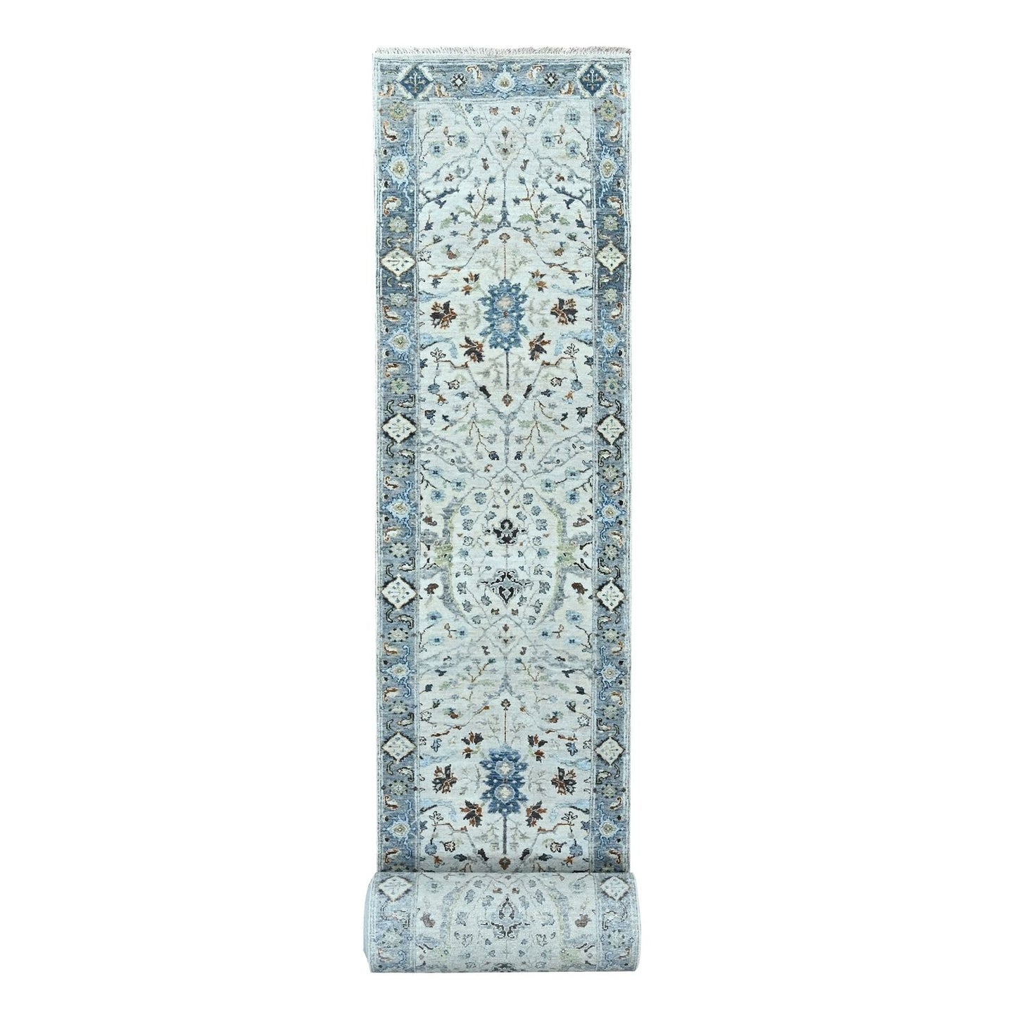 2'5"X30'4" Gray 100% Wool Hand Knotted Oushak Floral Design Xl Runner Rug