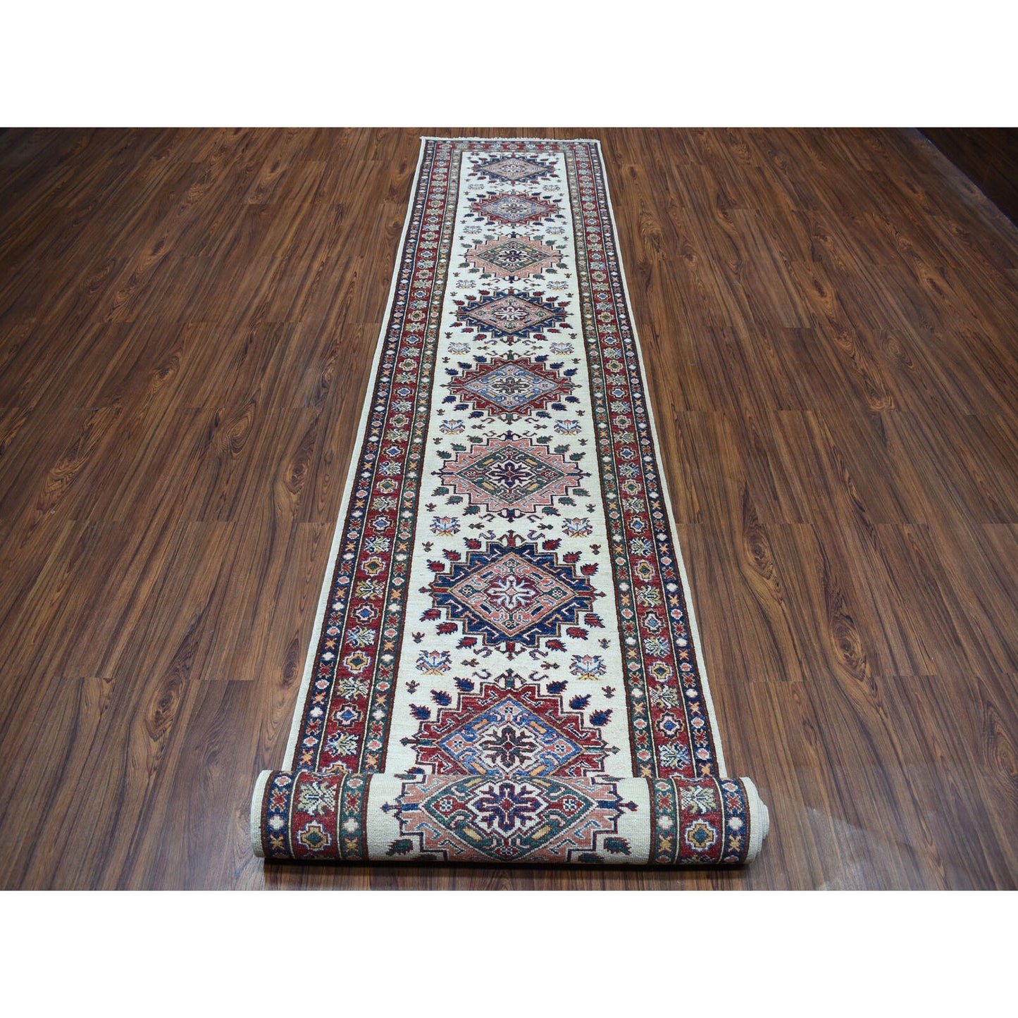 2'10"X19'1" Ivory Super Kazak Geometric Xl Runner Handmade Oriental Rug
