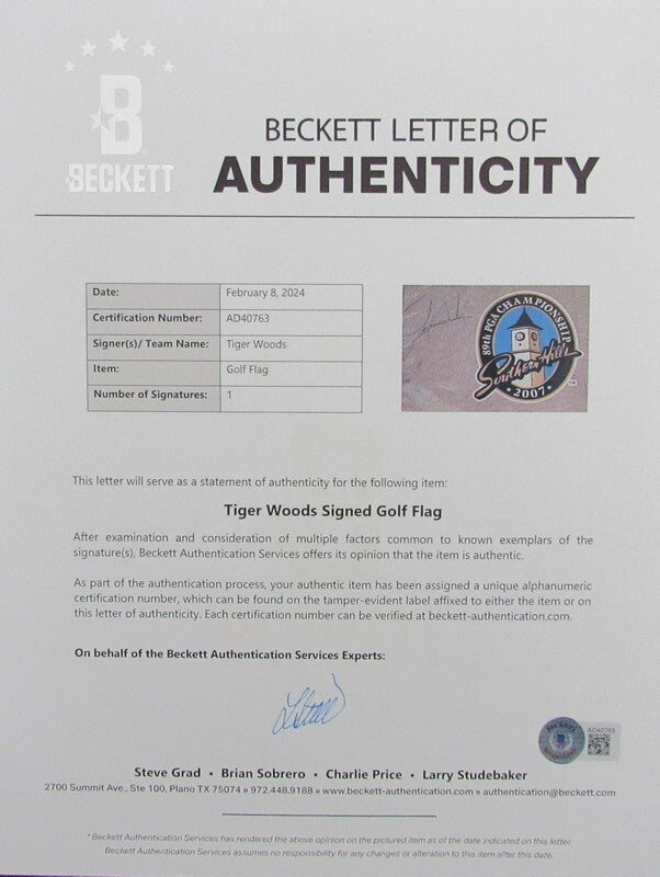 Tiger Woods Autographed Official Pin Flag 2007