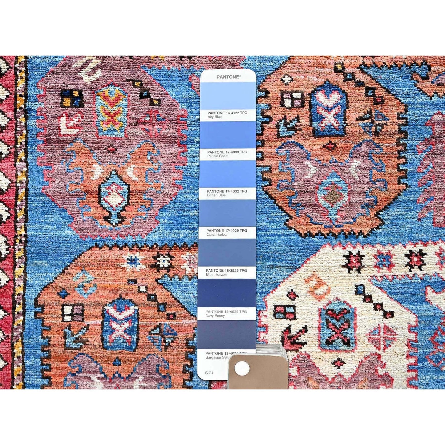 4'4"X5'9" Blue Afghan Caucasian Design Revival Hand Knotted Soft Wool Rug