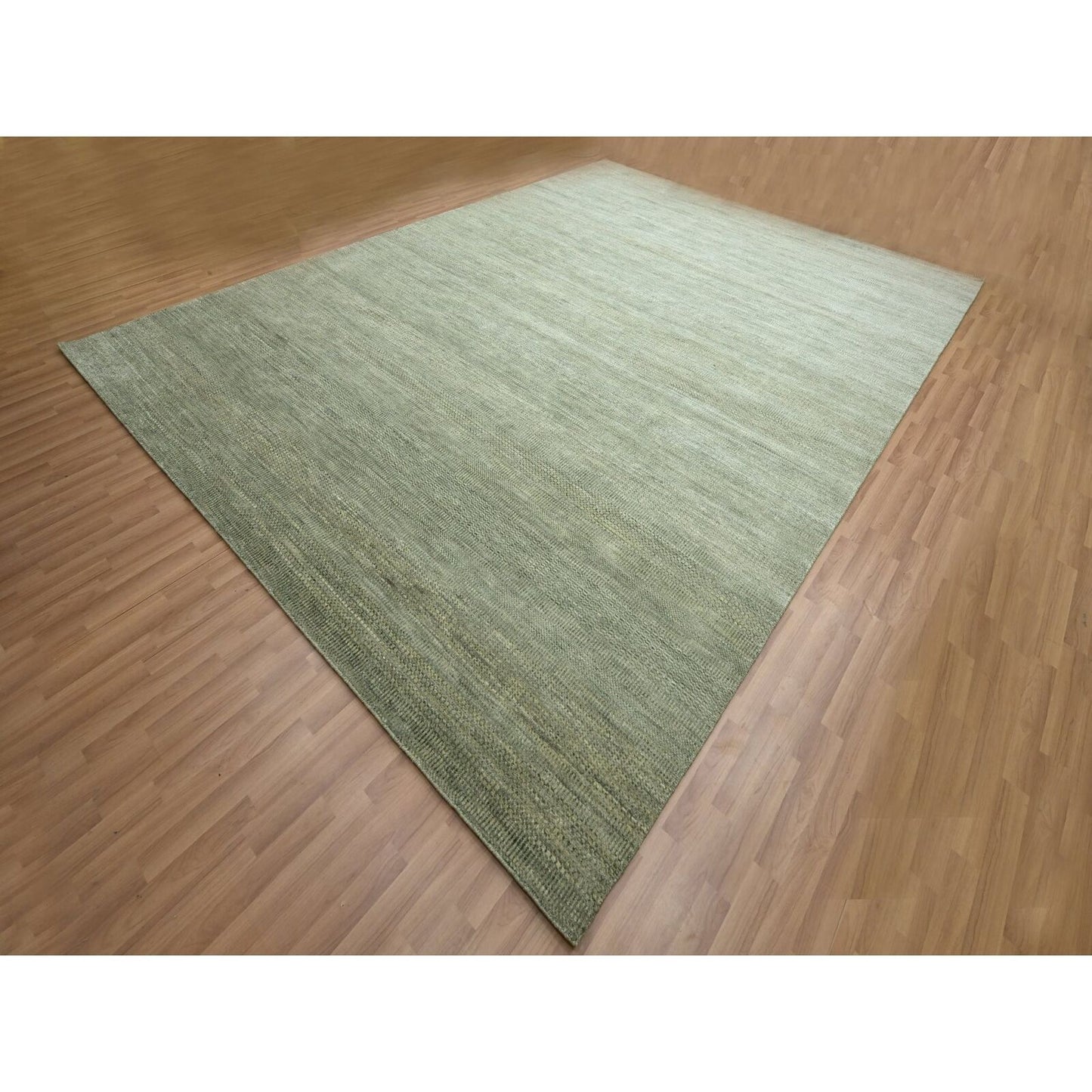 10'2"X14' Seneca Gray Hand Knotted Modern Grass Design Wool And Silk Rug