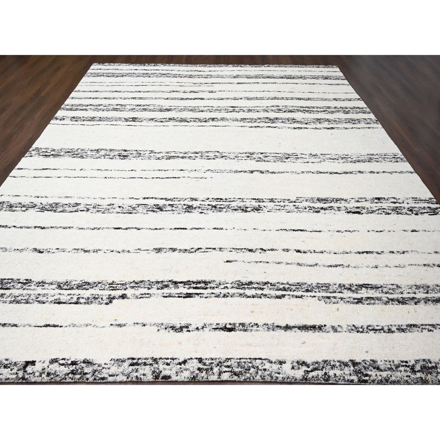 12'2"X14'9" Ivory Striae Design Wool Hand Knotted Oversized Oriental Rug